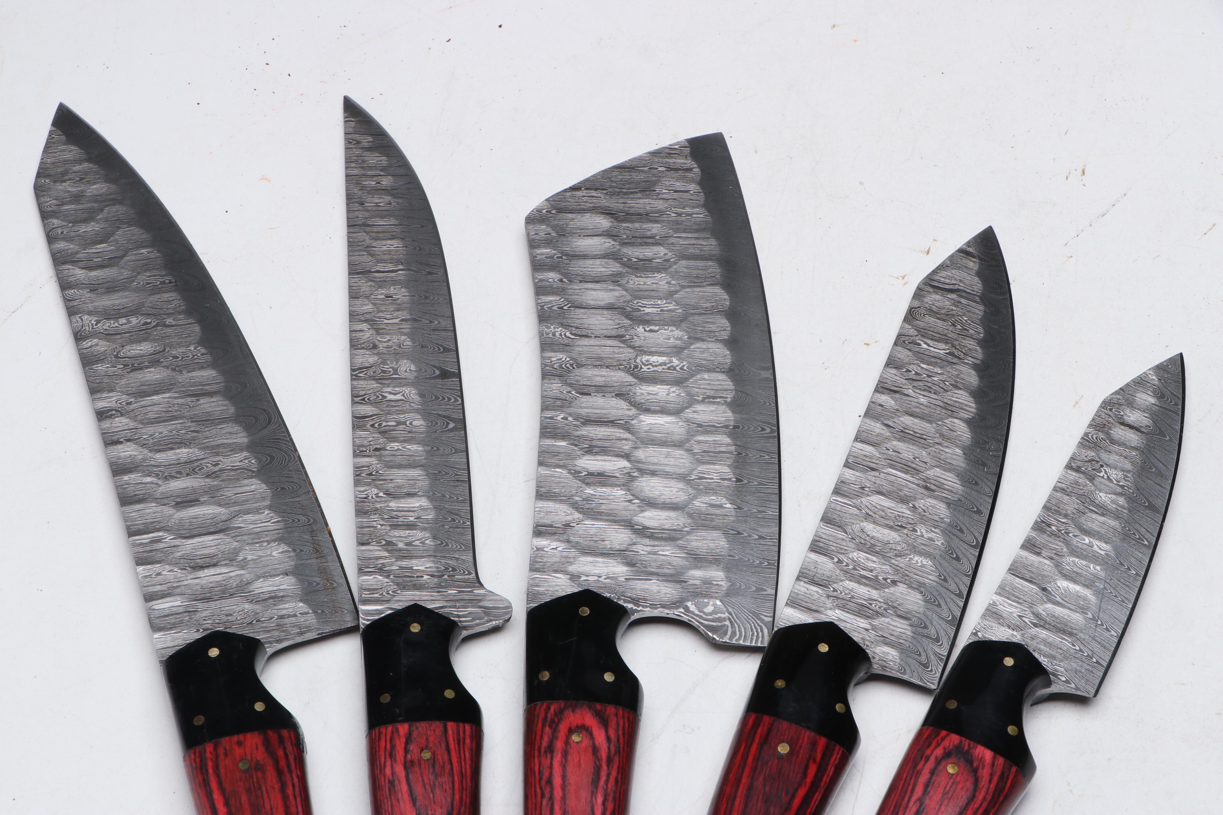 Damascus Steel and Red Wooden Handled Chef's Knife Set in Suede Leather Roll