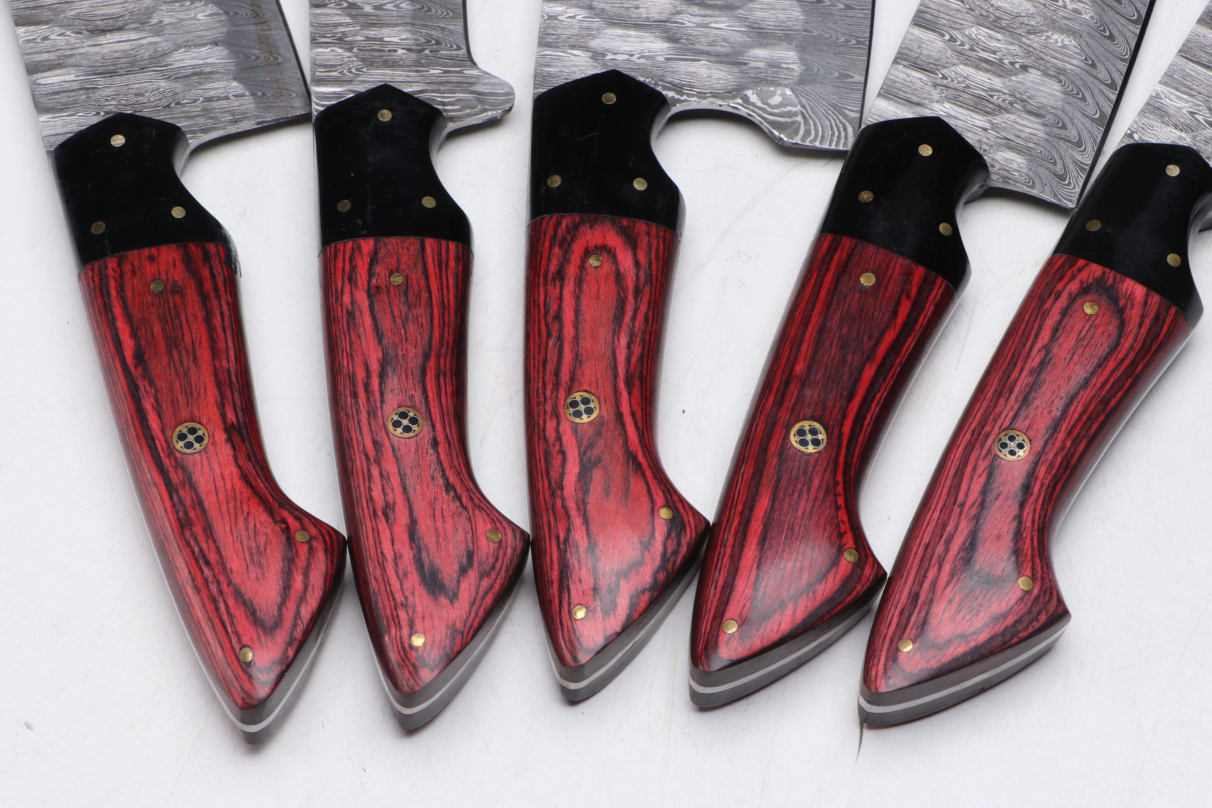 Damascus Steel and Red Wooden Handled Chef's Knife Set in Suede Leather Roll