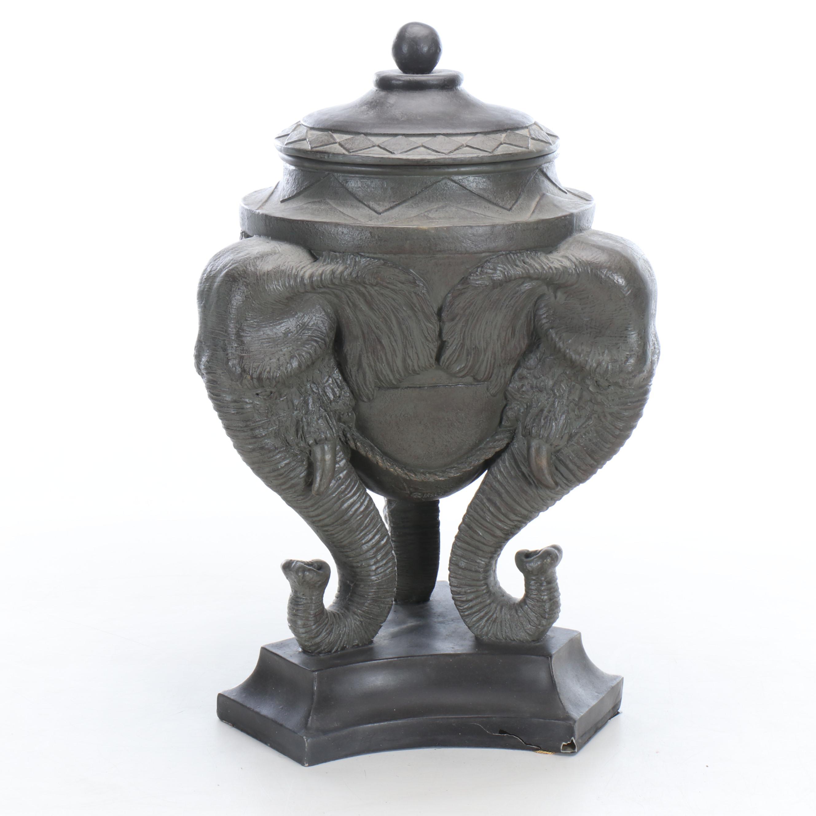 Cast Plastic Elephant Head Tripod Covered Vessel