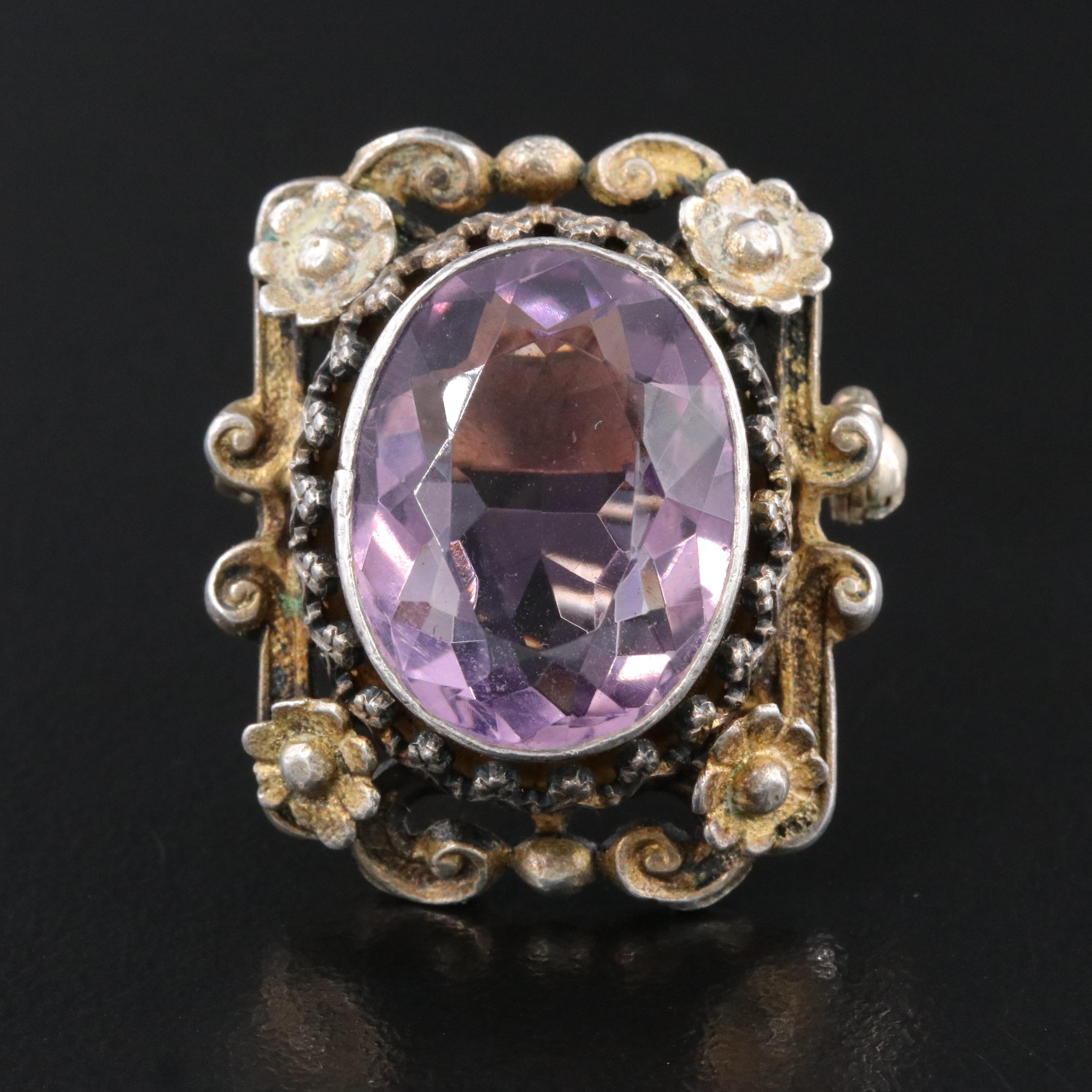 Sterling Amethyst Floral Pin