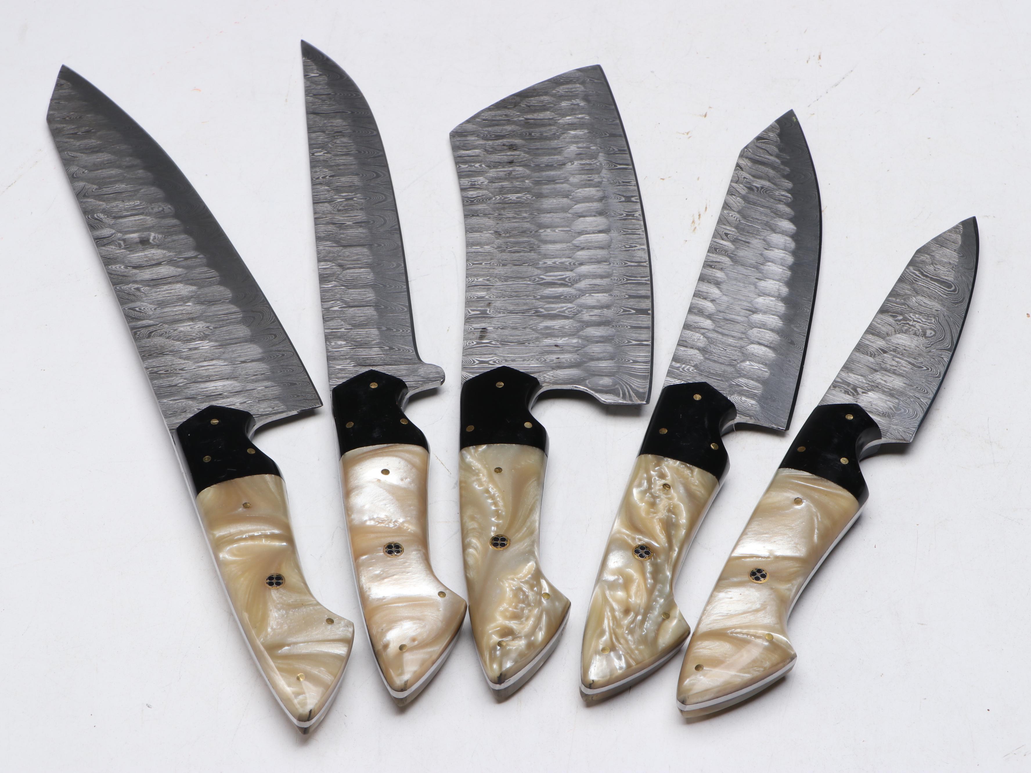 Damascus Steel and Marbled Handled Chef's Knife Set in Suede Leather Roll