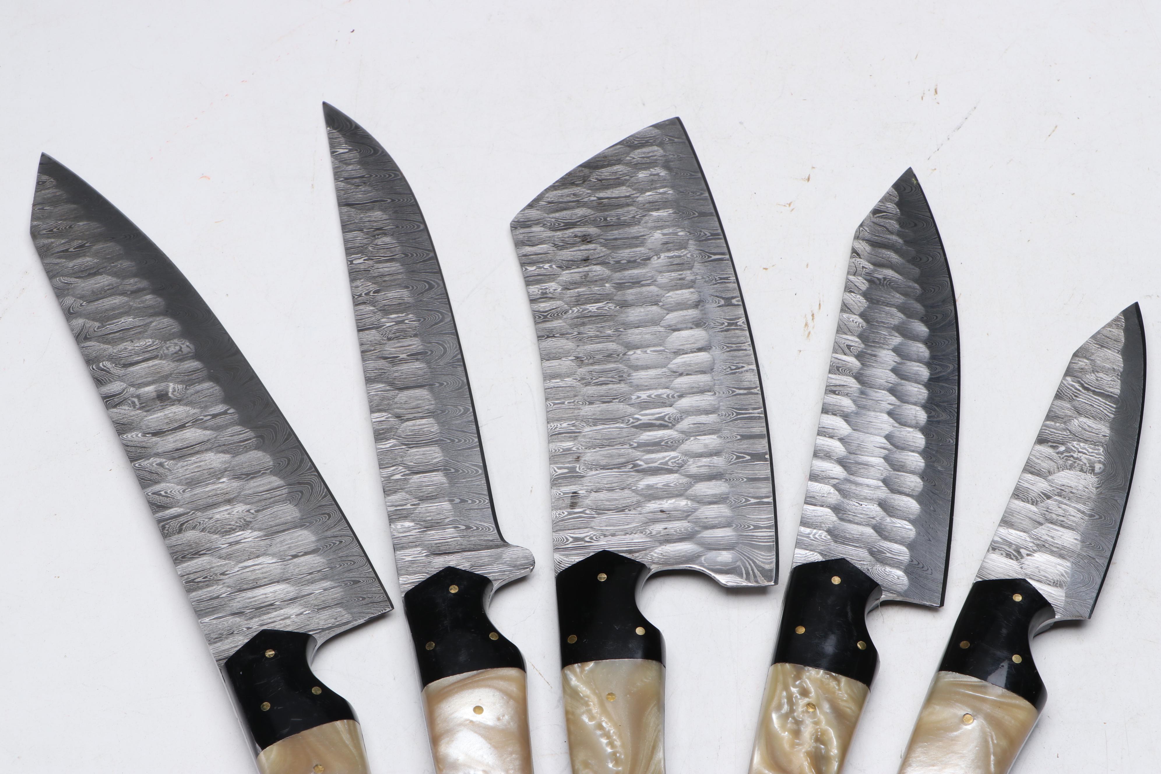 Damascus Steel and Marbled Handled Chef's Knife Set in Suede Leather Roll
