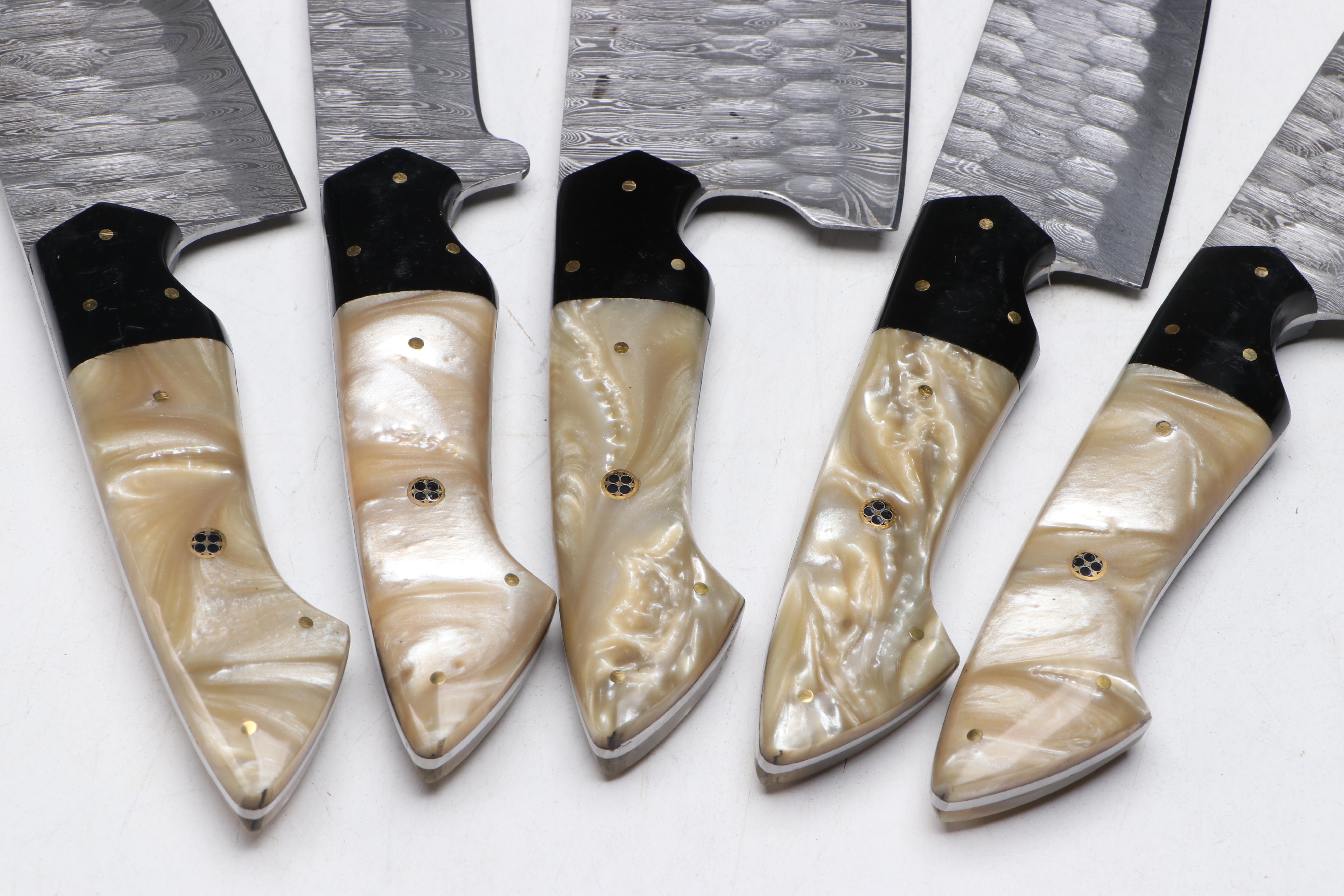 Damascus Steel and Marbled Handled Chef's Knife Set in Suede Leather Roll