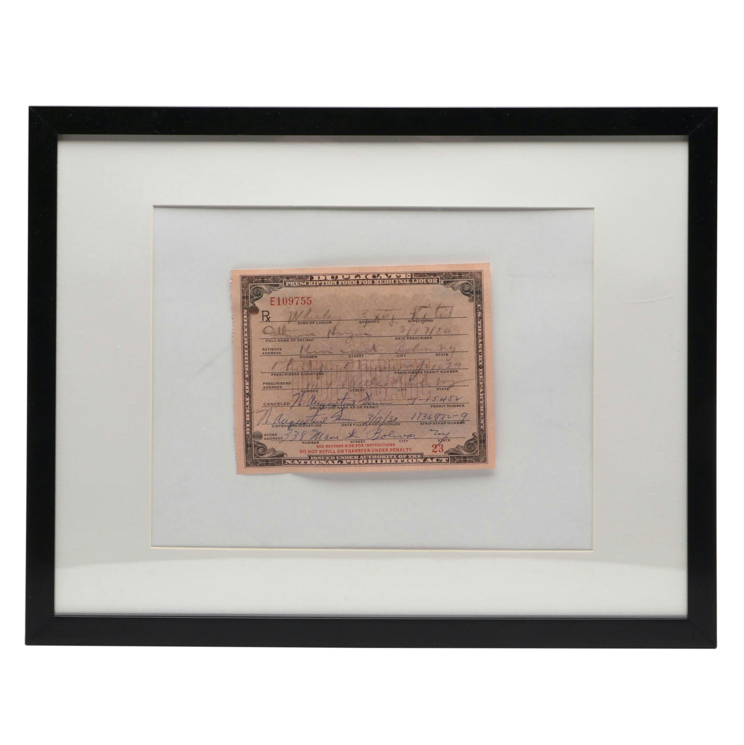 Prohibition Era Prescription Form for Whiskey, 1920