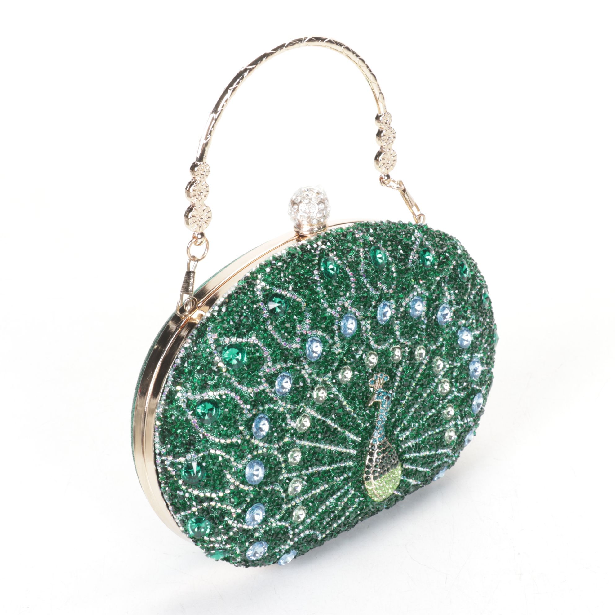 Beaded Rhinestone Peacock Clutch with Embellished and Metallic Scarves