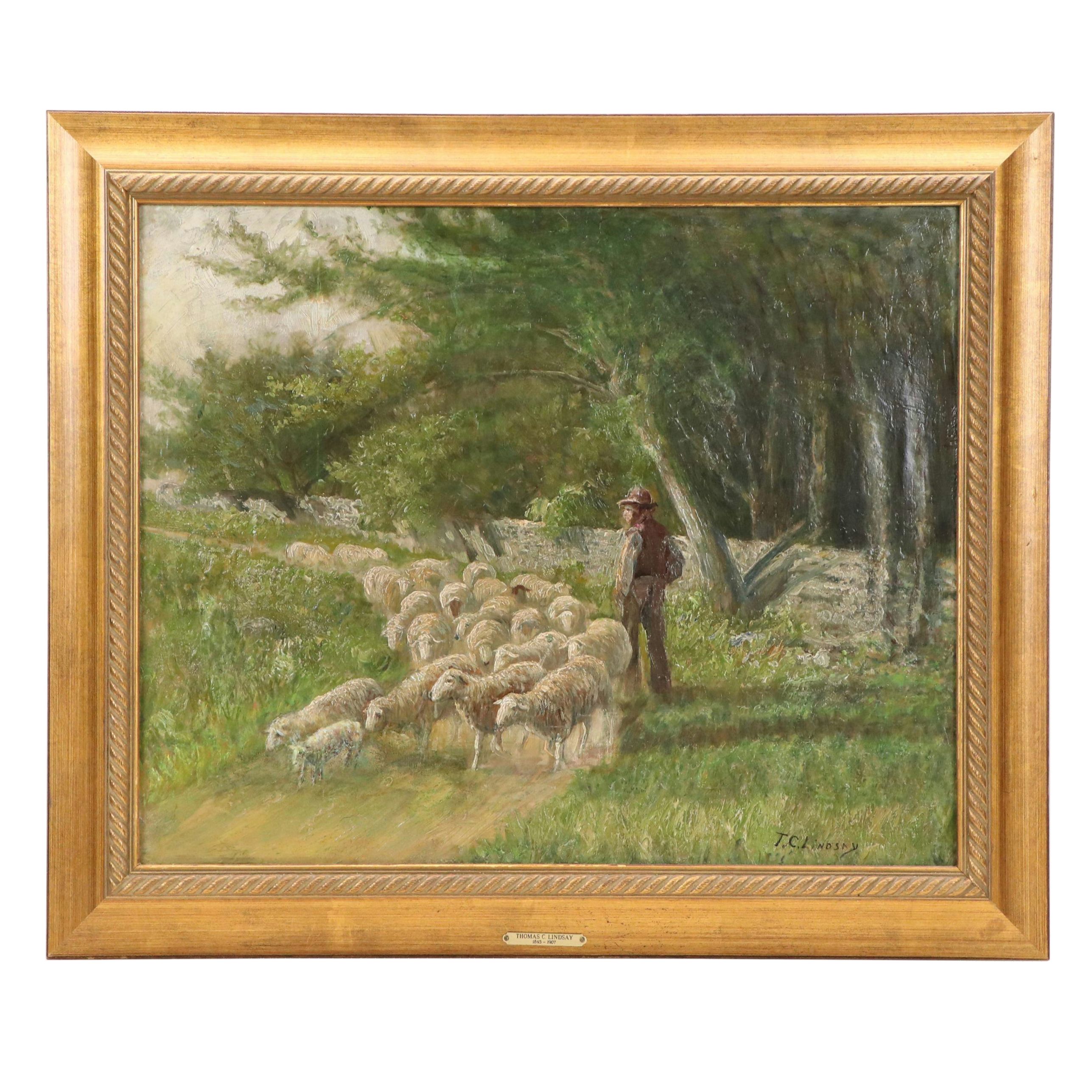 Thomas C. Lindsay Oil Painting of Shepherd with His Flock, Late 19th Century