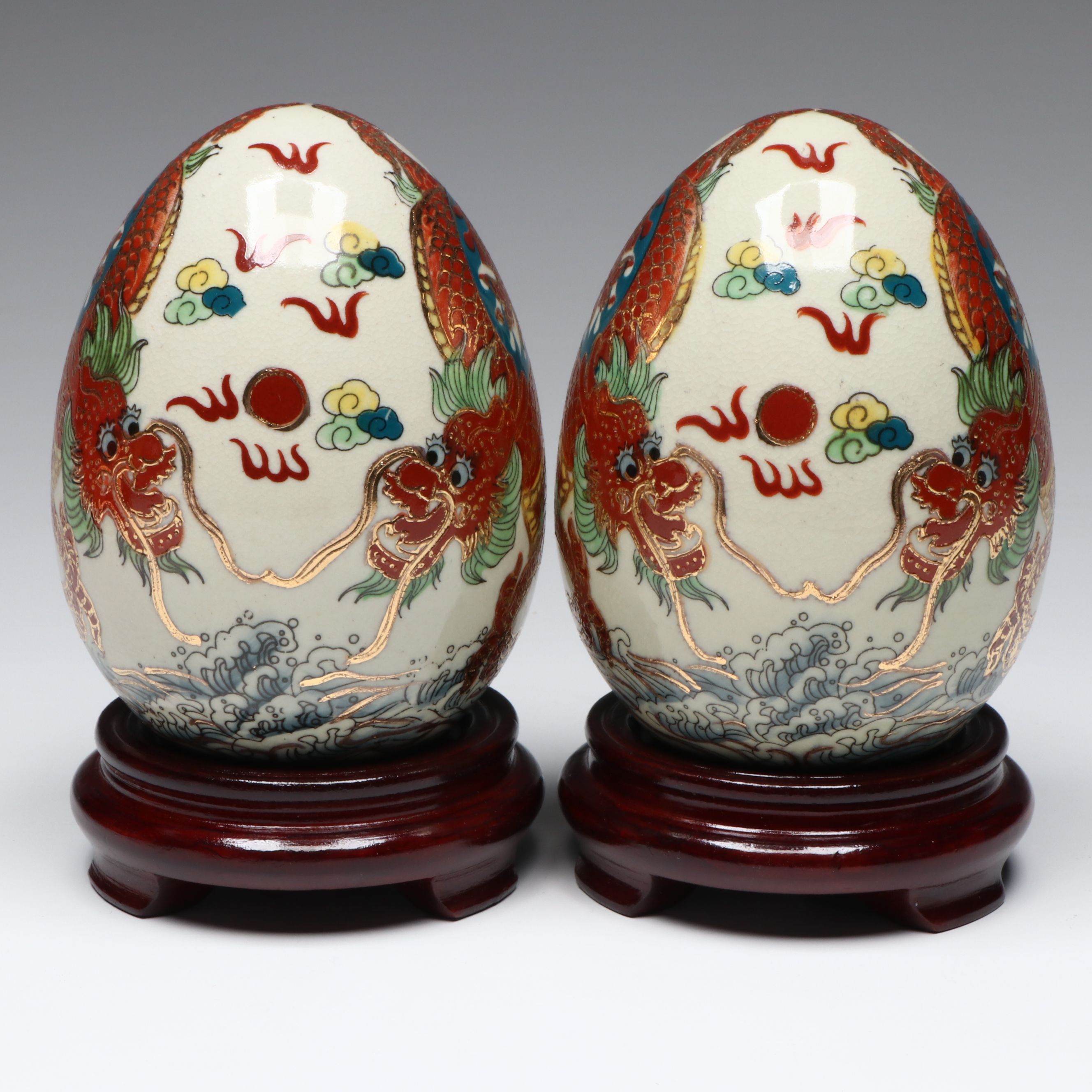Yi Lin Arts Porcelain Dragon Eggs and Wooden Stands