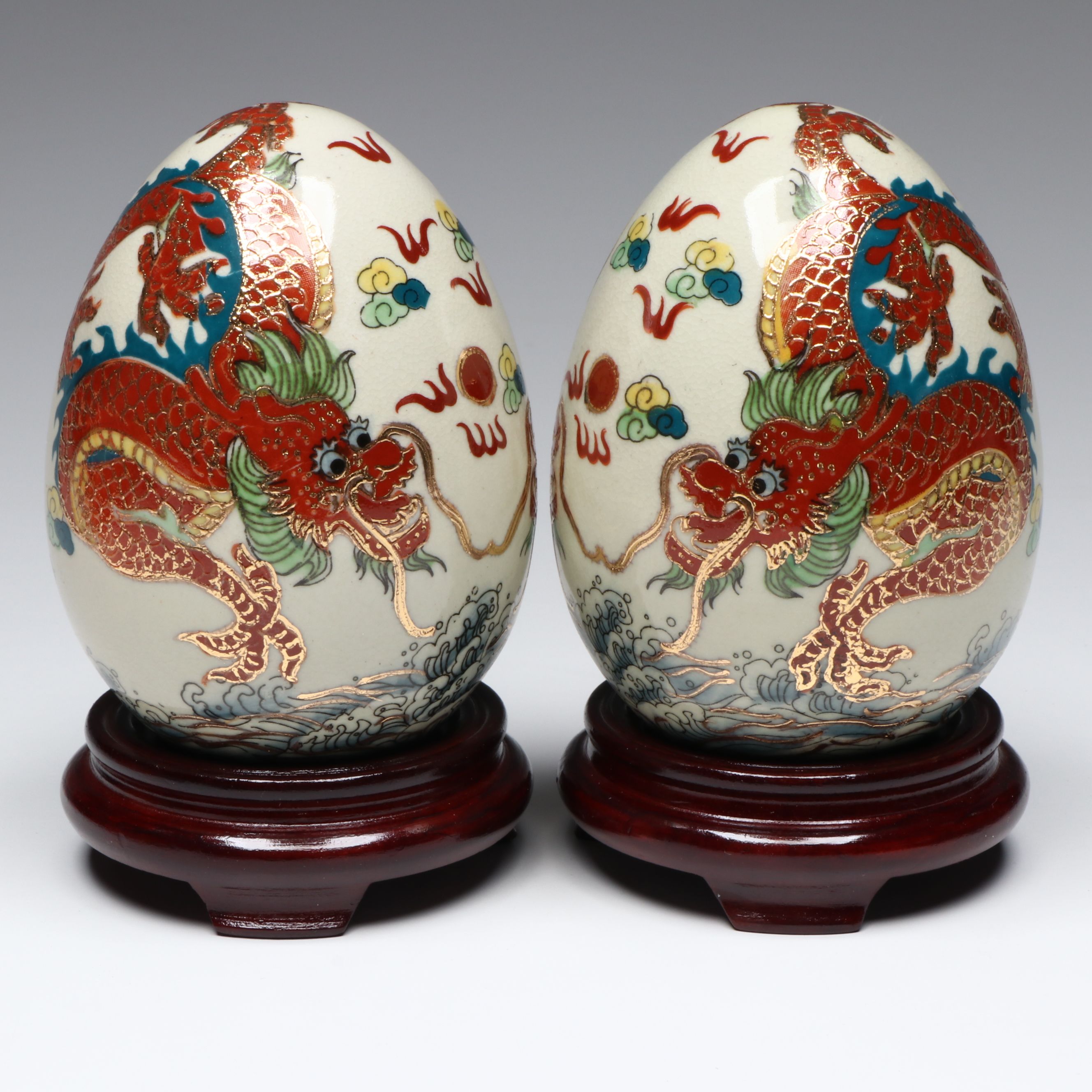 Yi Lin Arts Porcelain Dragon Eggs and Wooden Stands