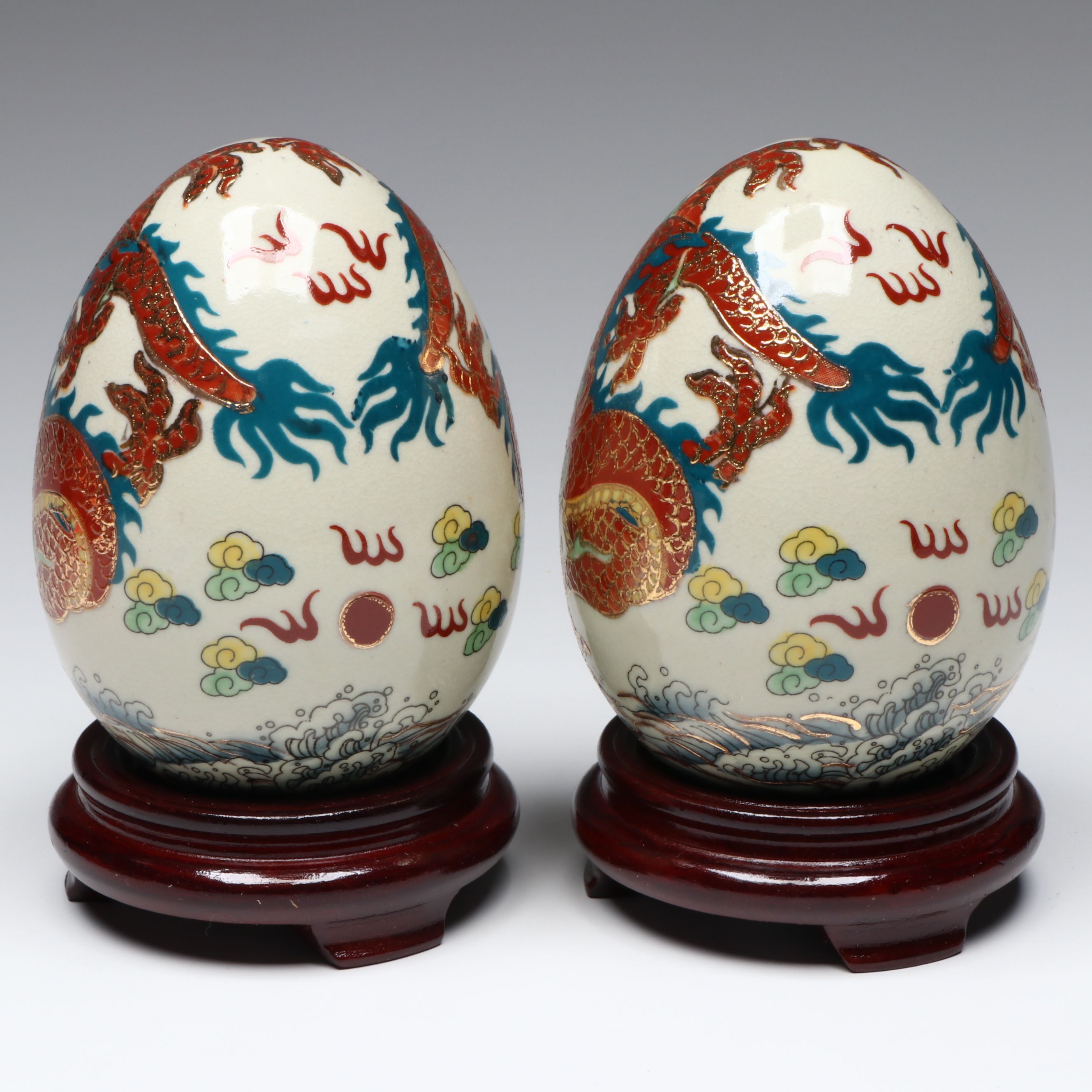 Yi Lin Arts Porcelain Dragon Eggs and Wooden Stands