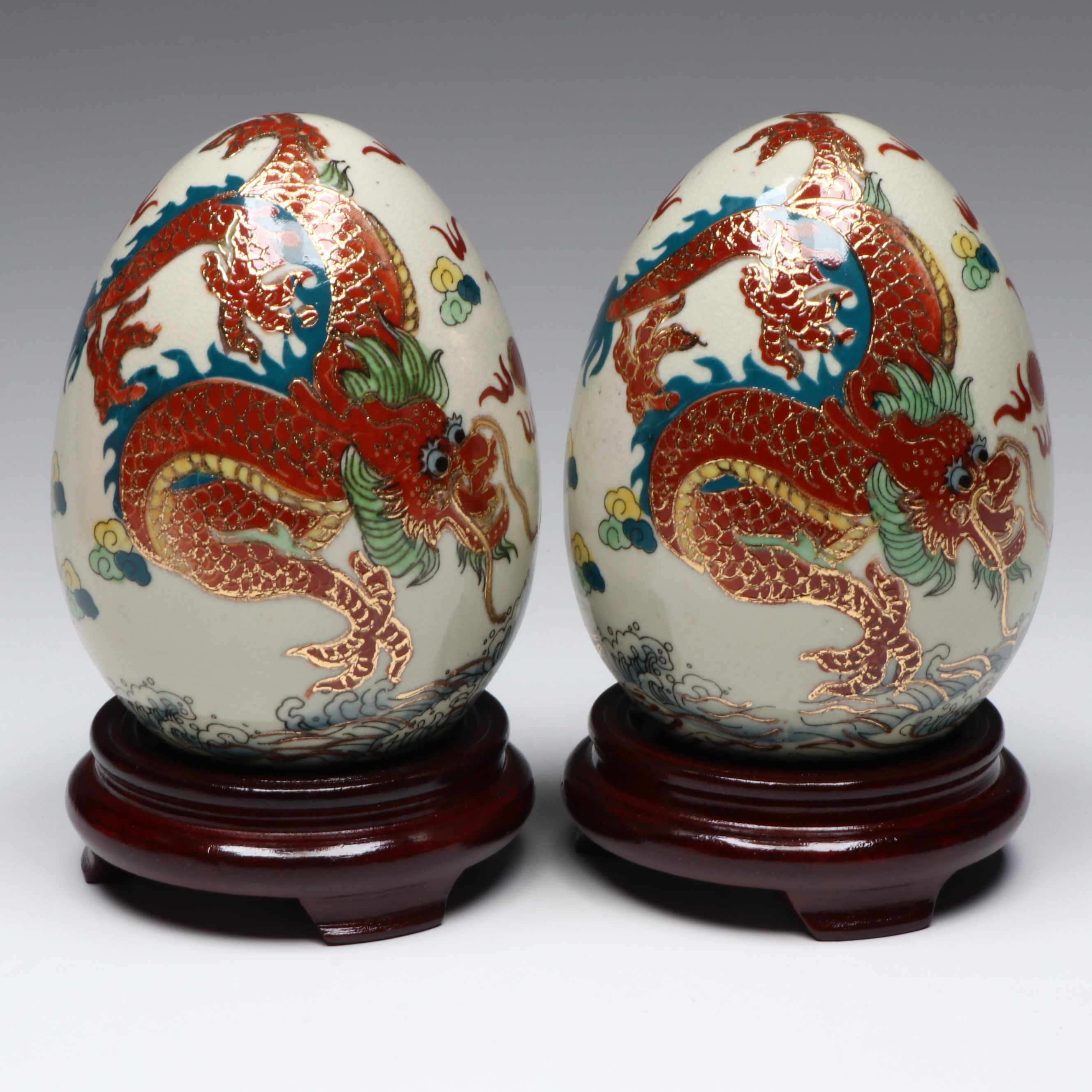 Yi Lin Arts Porcelain Dragon Eggs and Wooden Stands