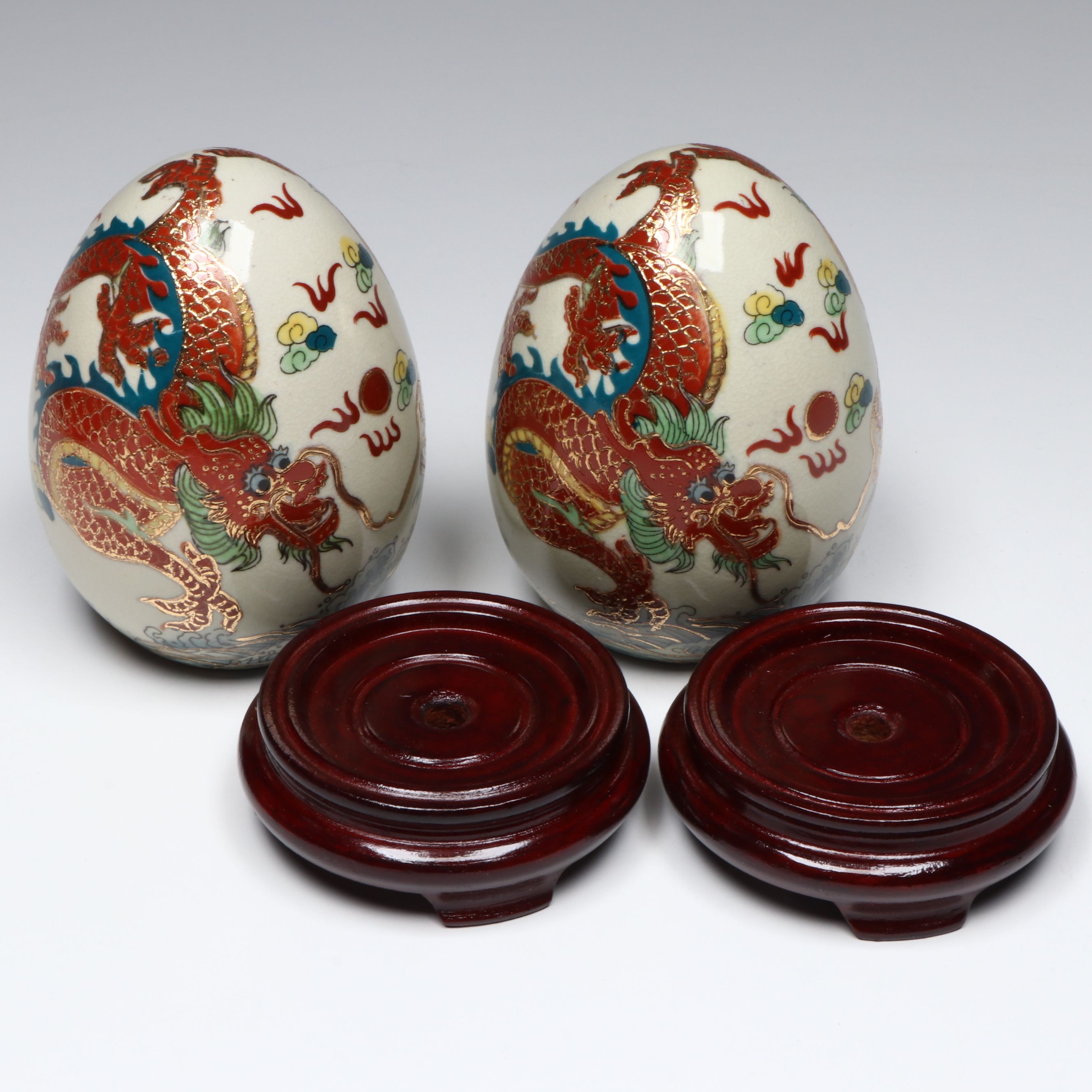 Yi Lin Arts Porcelain Dragon Eggs and Wooden Stands