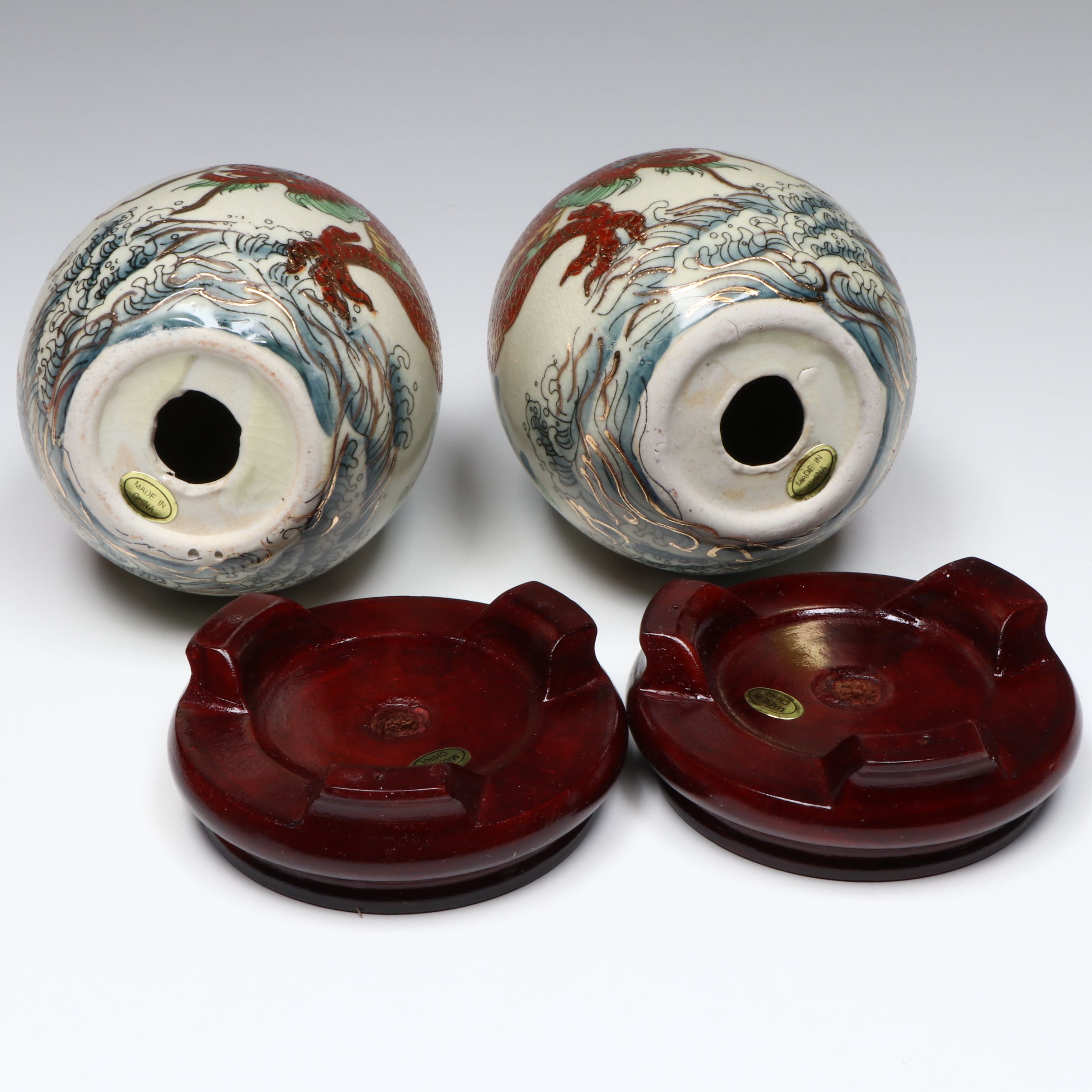 Yi Lin Arts Porcelain Dragon Eggs and Wooden Stands