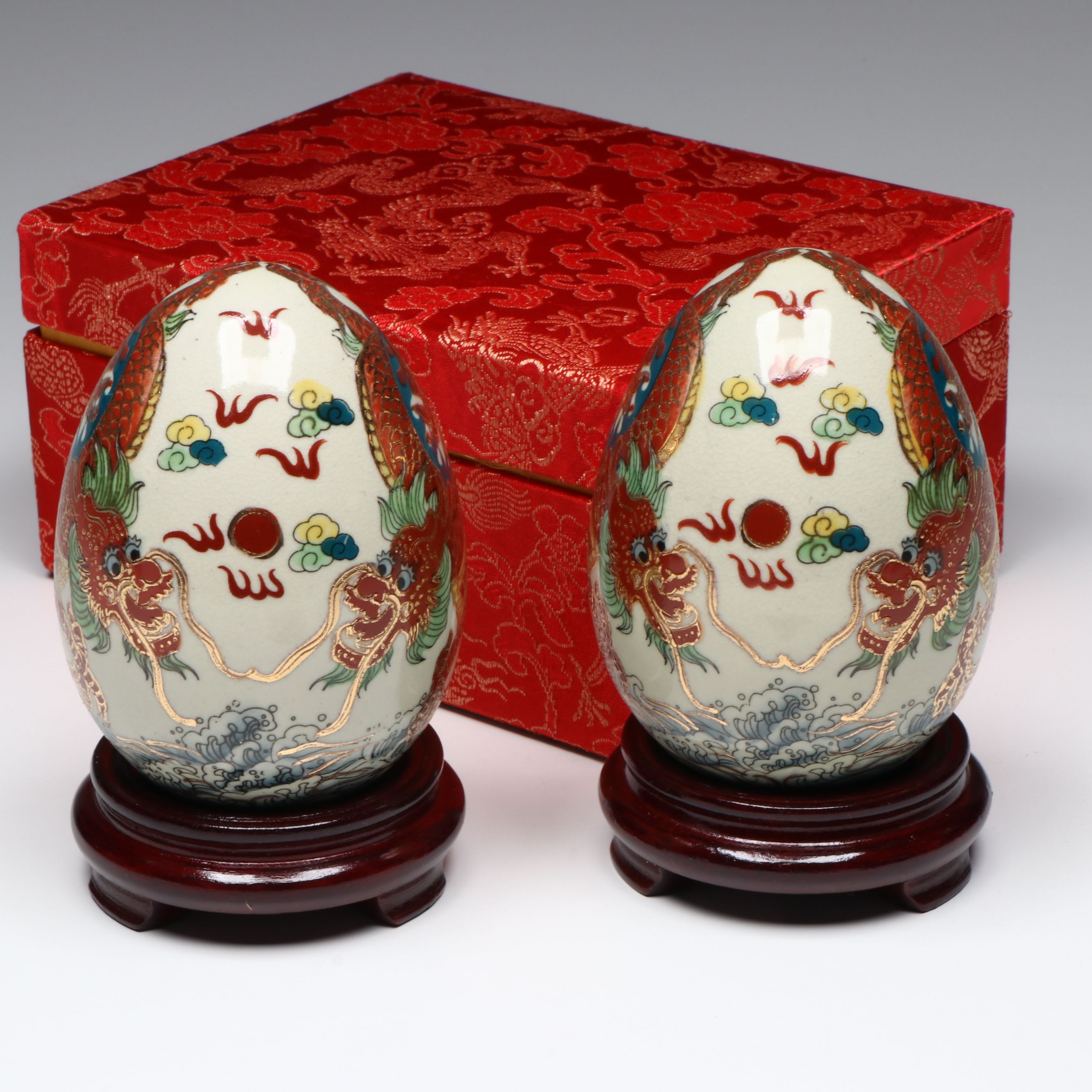 Yi Lin Arts Porcelain Dragon Eggs and Wooden Stands