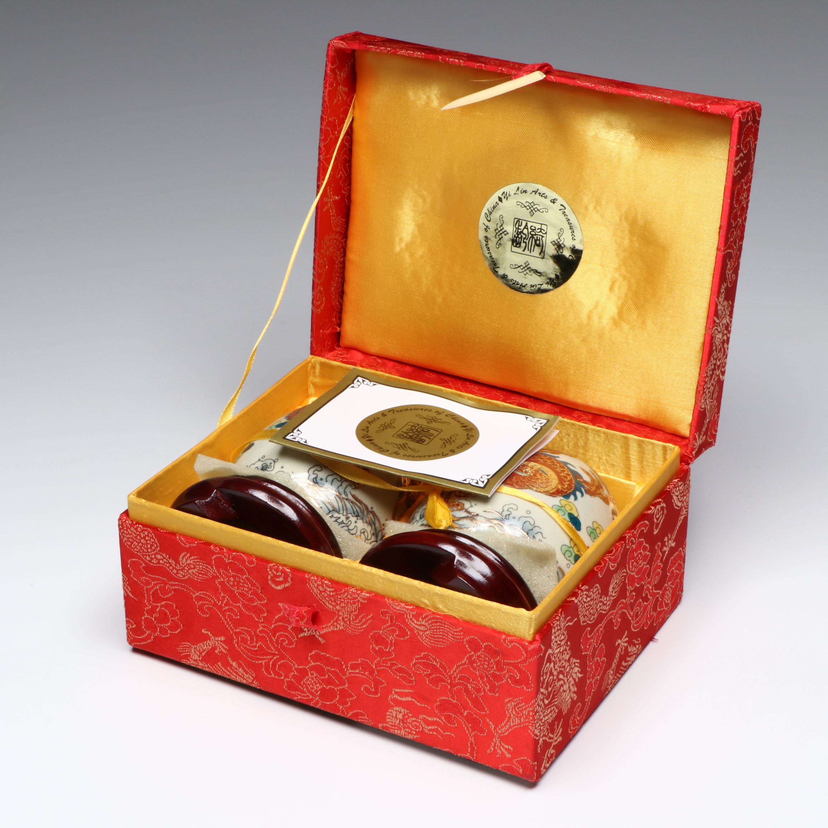 Yi Lin Arts Porcelain Dragon Eggs and Wooden Stands