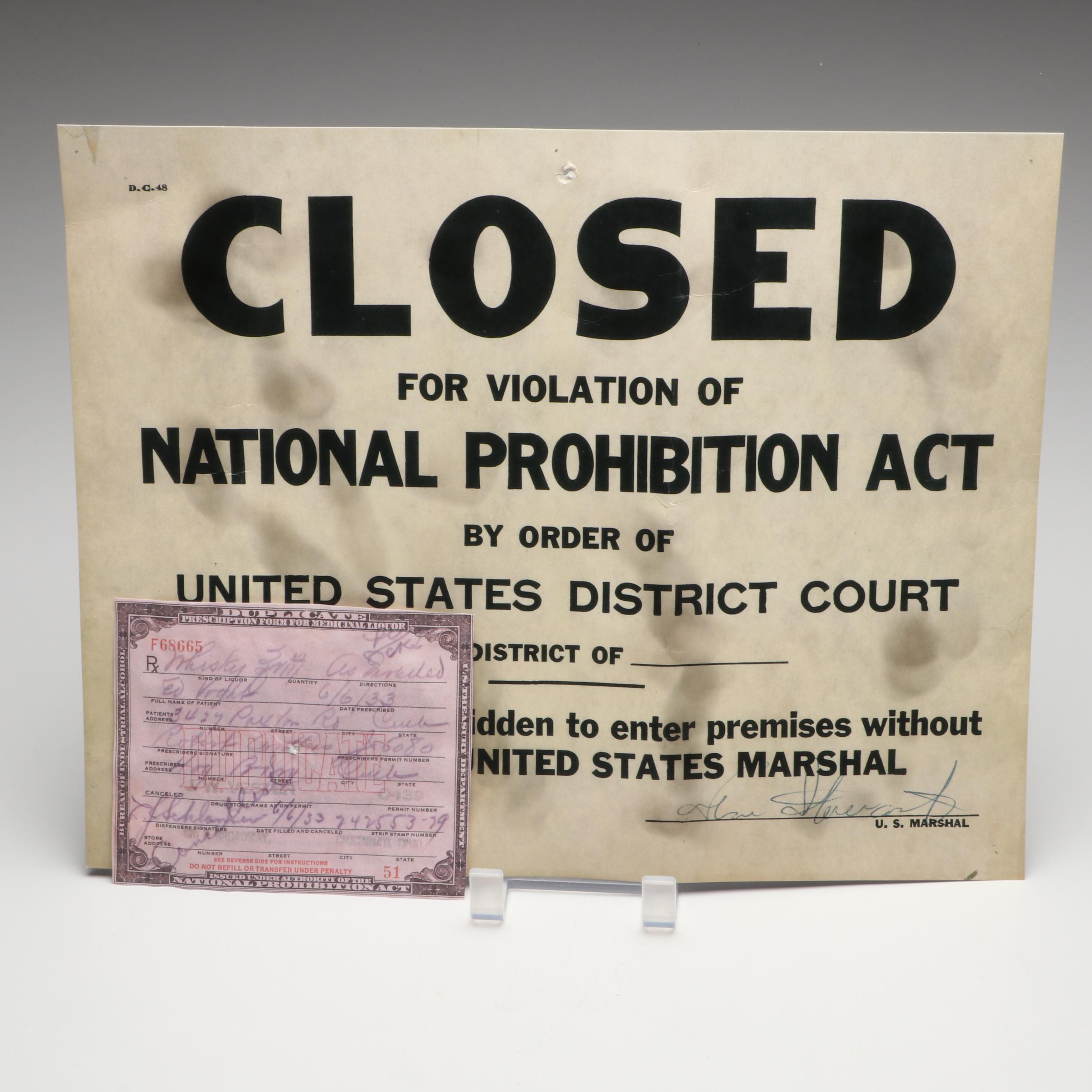 Prohibition Style Whisky Prescription Form with Reproduction Sign