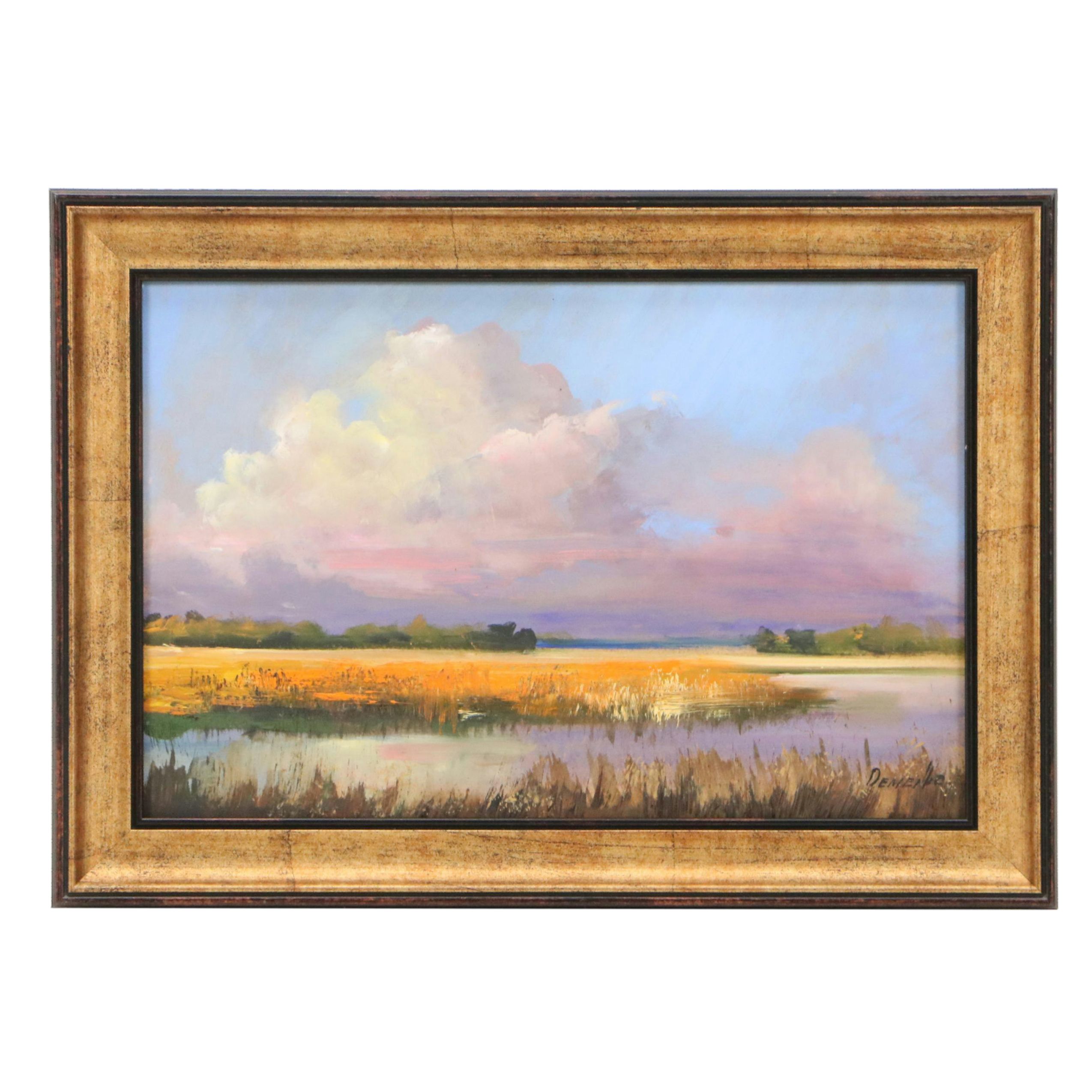 Natalia Demenko Oil Painting of Sunset Marsh Landscape, 21st Century