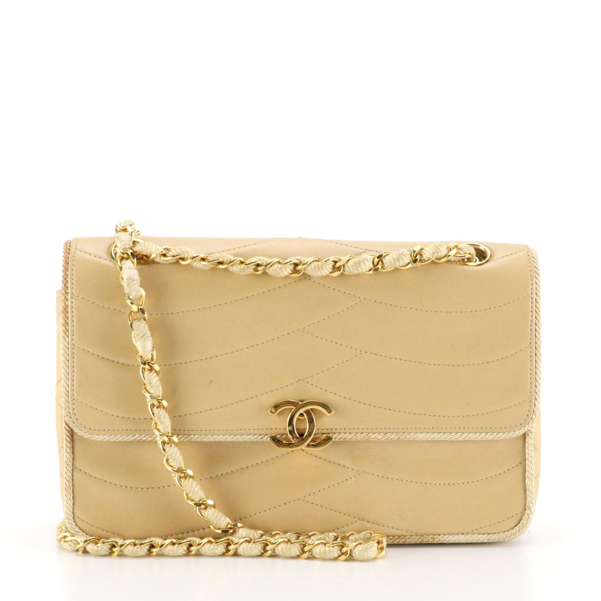 Chanel Single Flap Bag in Neutral Wave Quilted Lambskin Leather with Rope Trim
