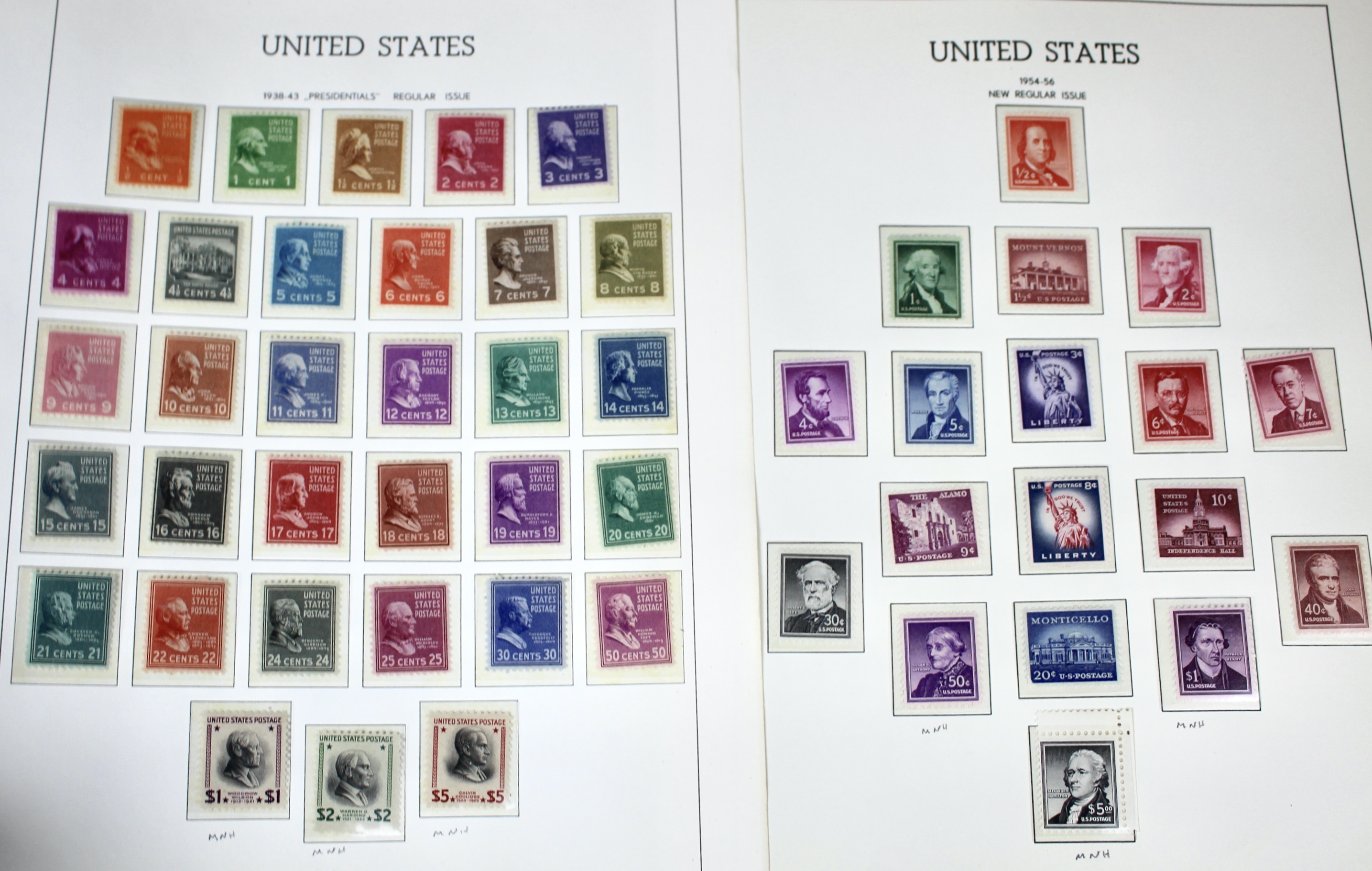 Two Complete Regular Issue Stamp Sets Through $5, 1938 and 1954, MNH