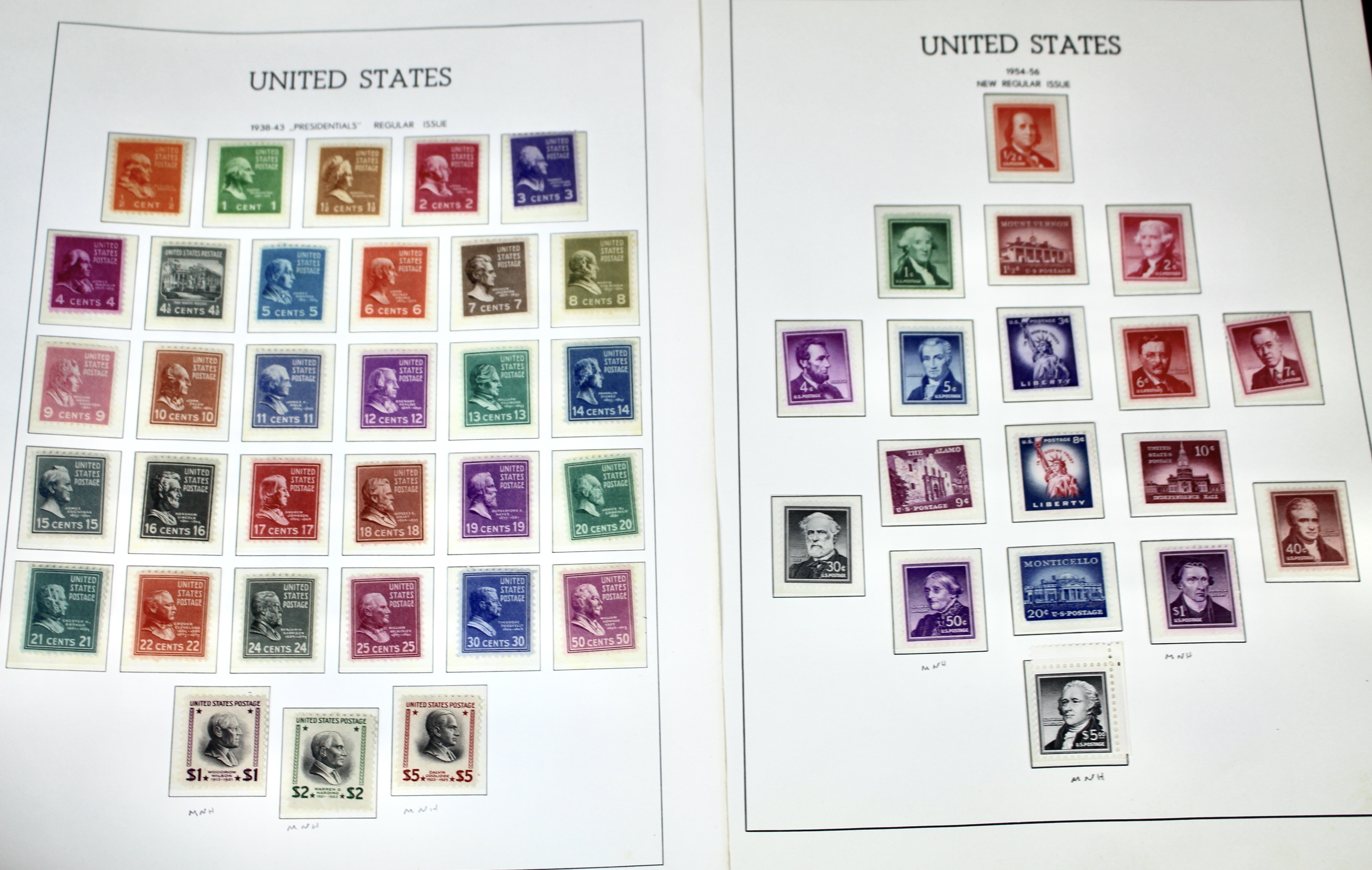 Two Complete Regular Issue Stamp Sets Through $5, 1938 and 1954, MNH