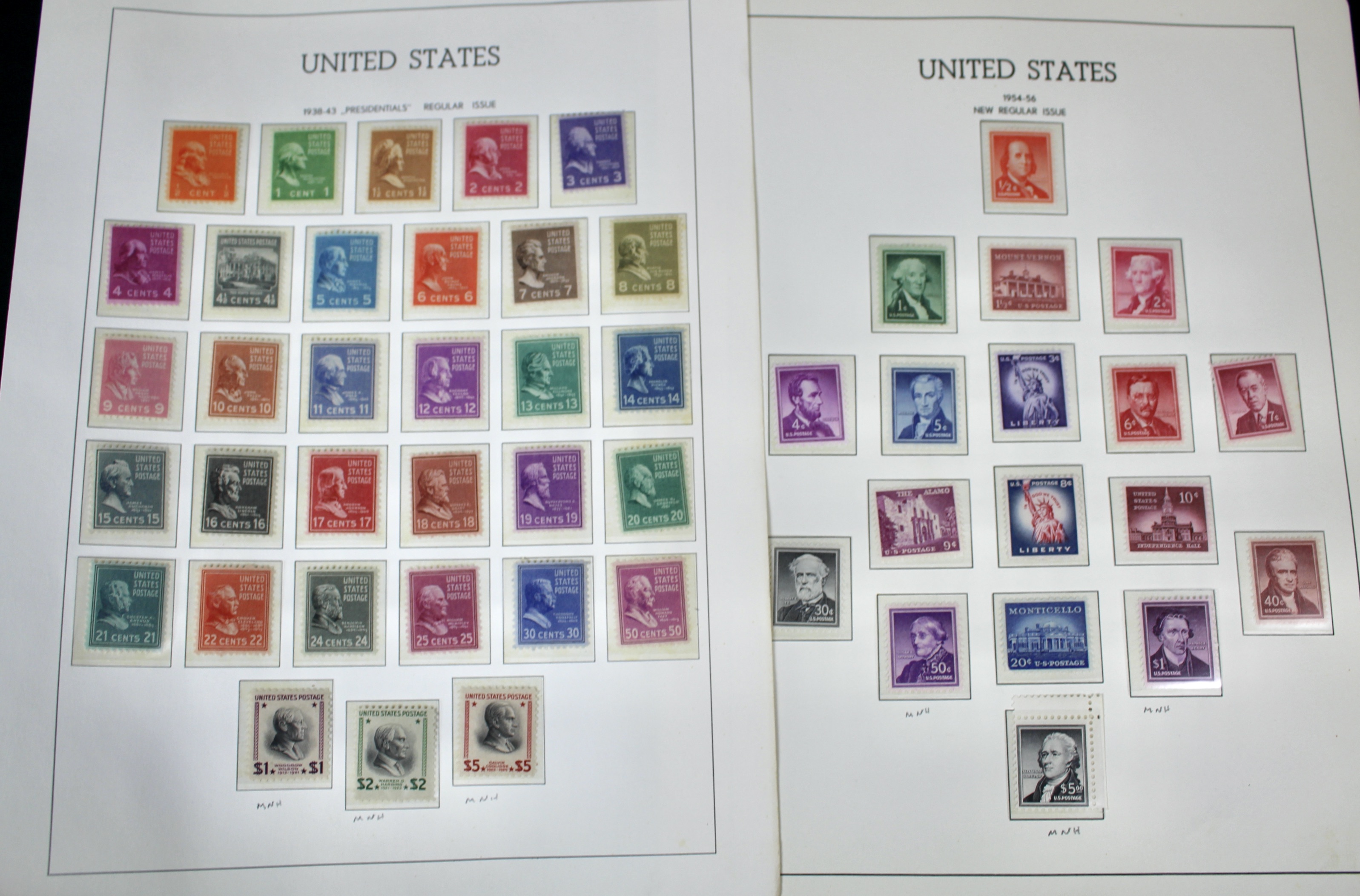 Two Complete Regular Issue Stamp Sets Through $5, 1938 and 1954, MNH