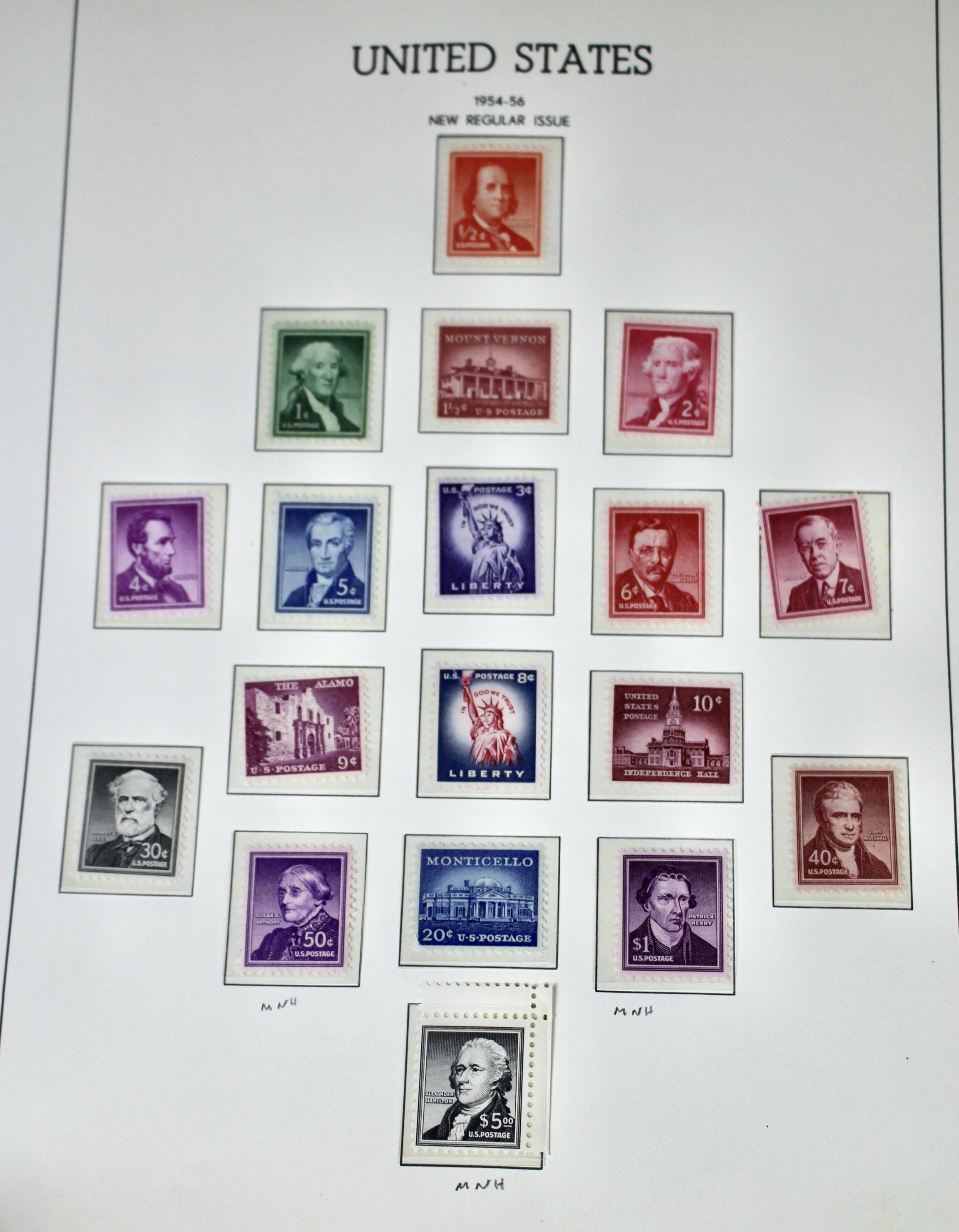 Two Complete Regular Issue Stamp Sets Through $5, 1938 and 1954, MNH