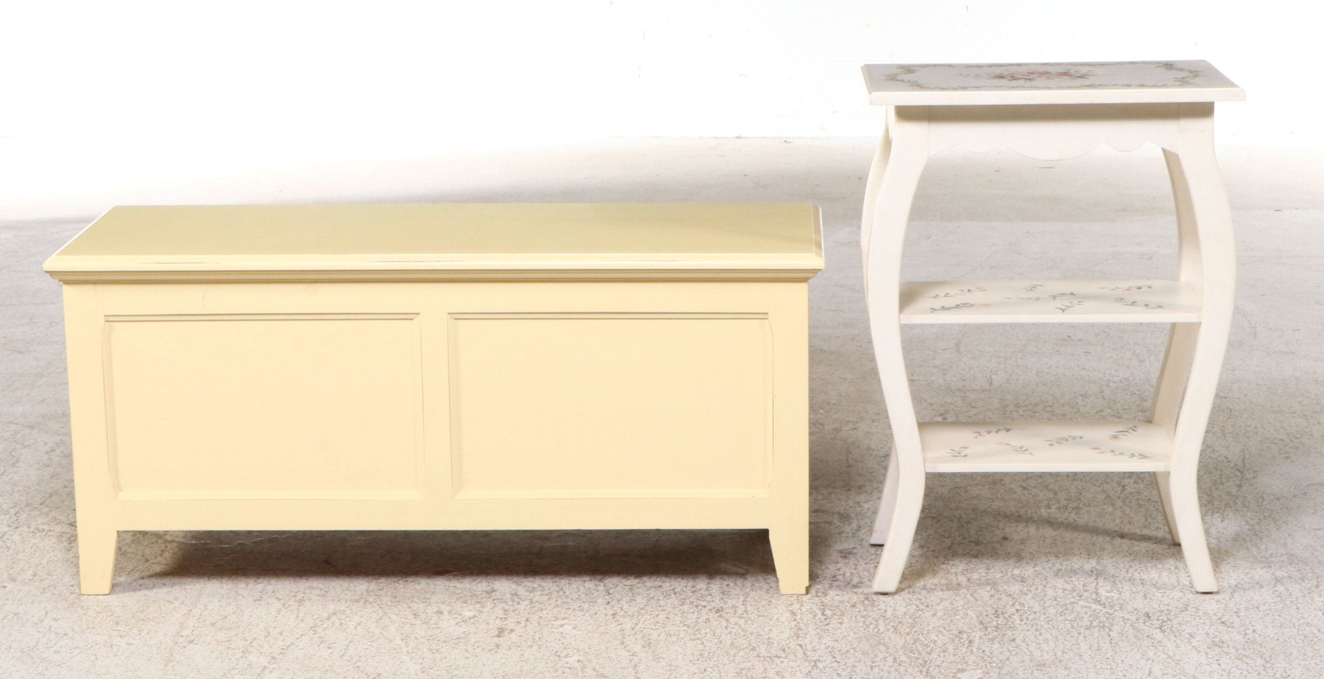 Victorian Style Paint Decorated Two-Tier Side Table and Wooden Trunk