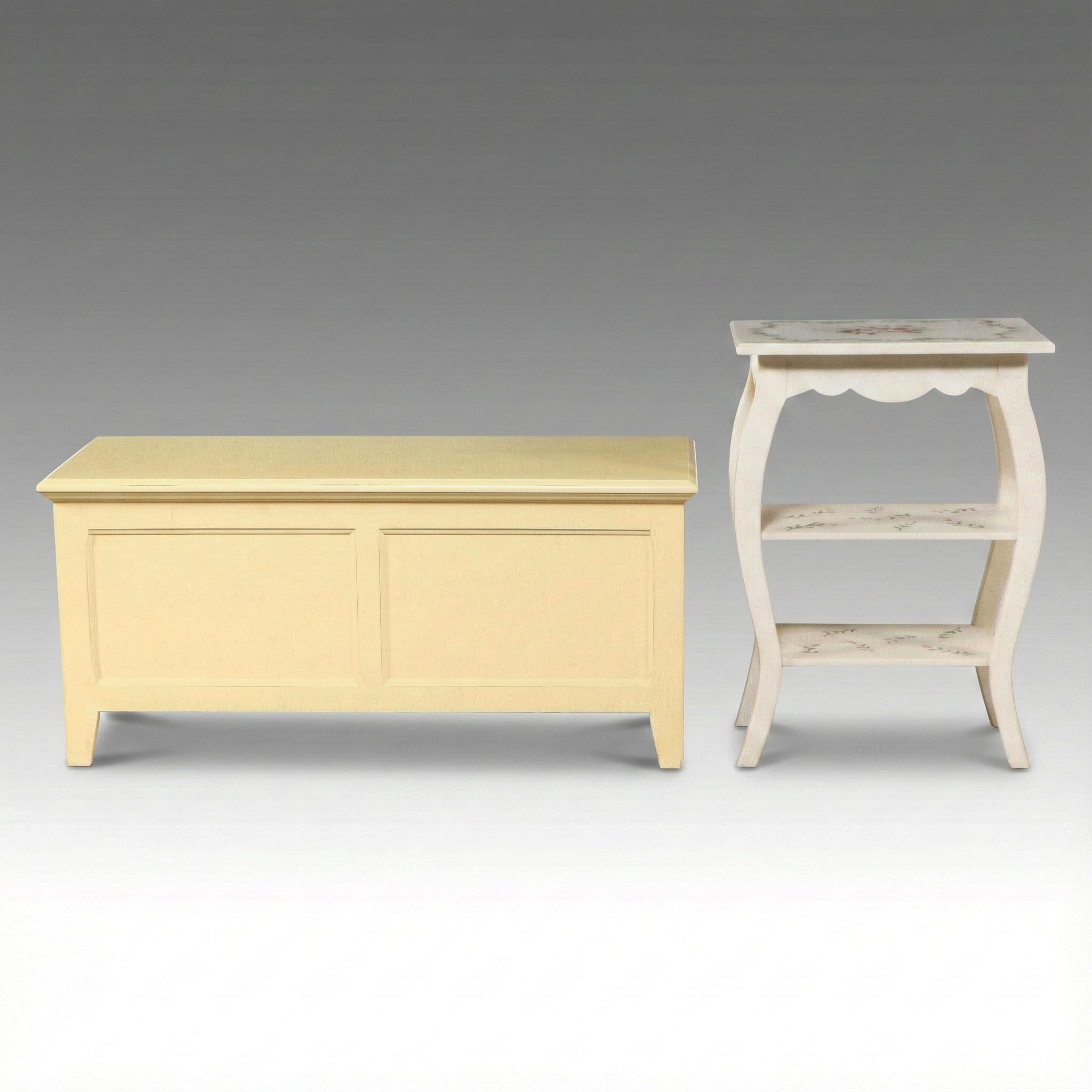 Victorian Style Paint Decorated Two-Tier Side Table and Wooden Trunk