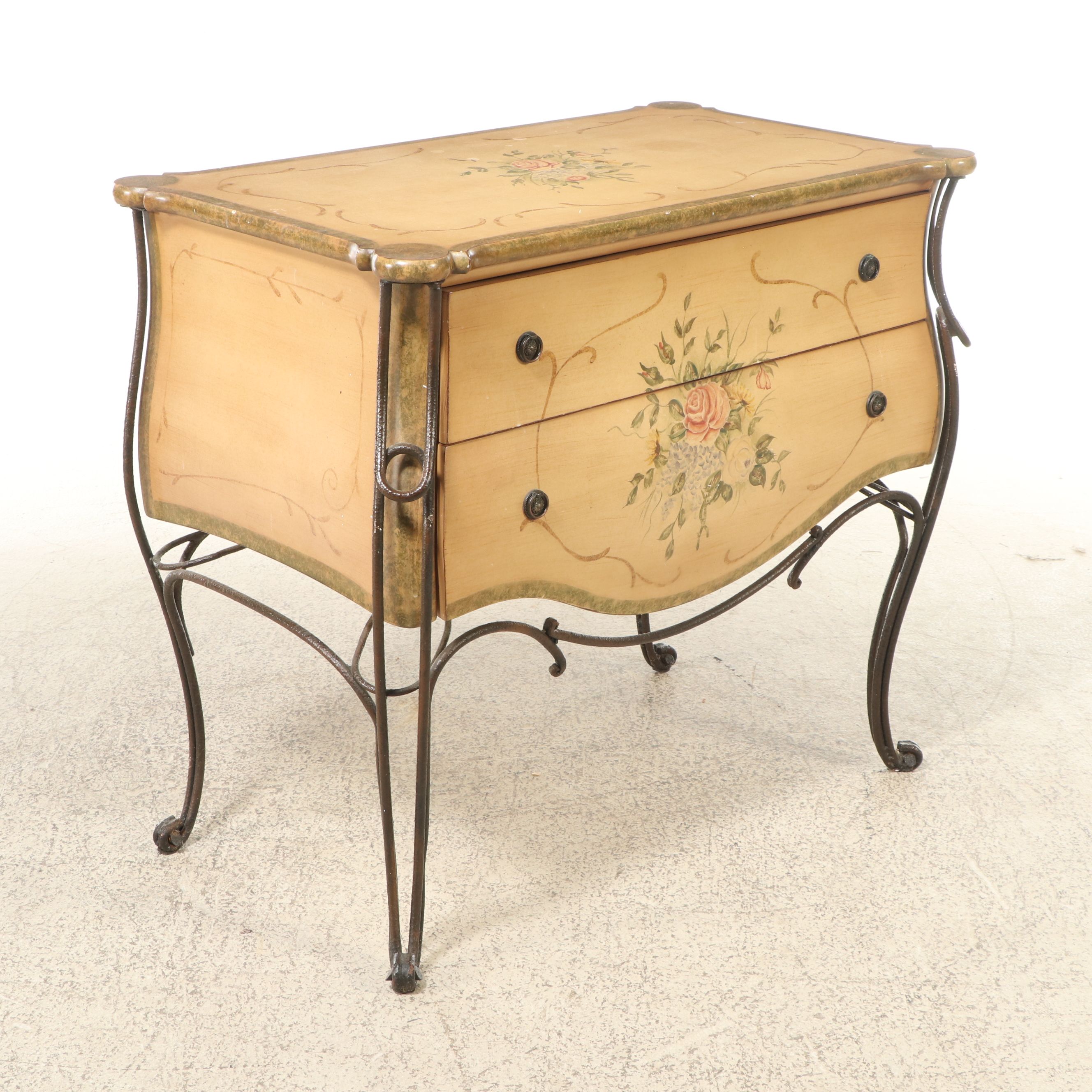 French Provincial Style Painted Wood and Scrolled Metal Chest of Drawers