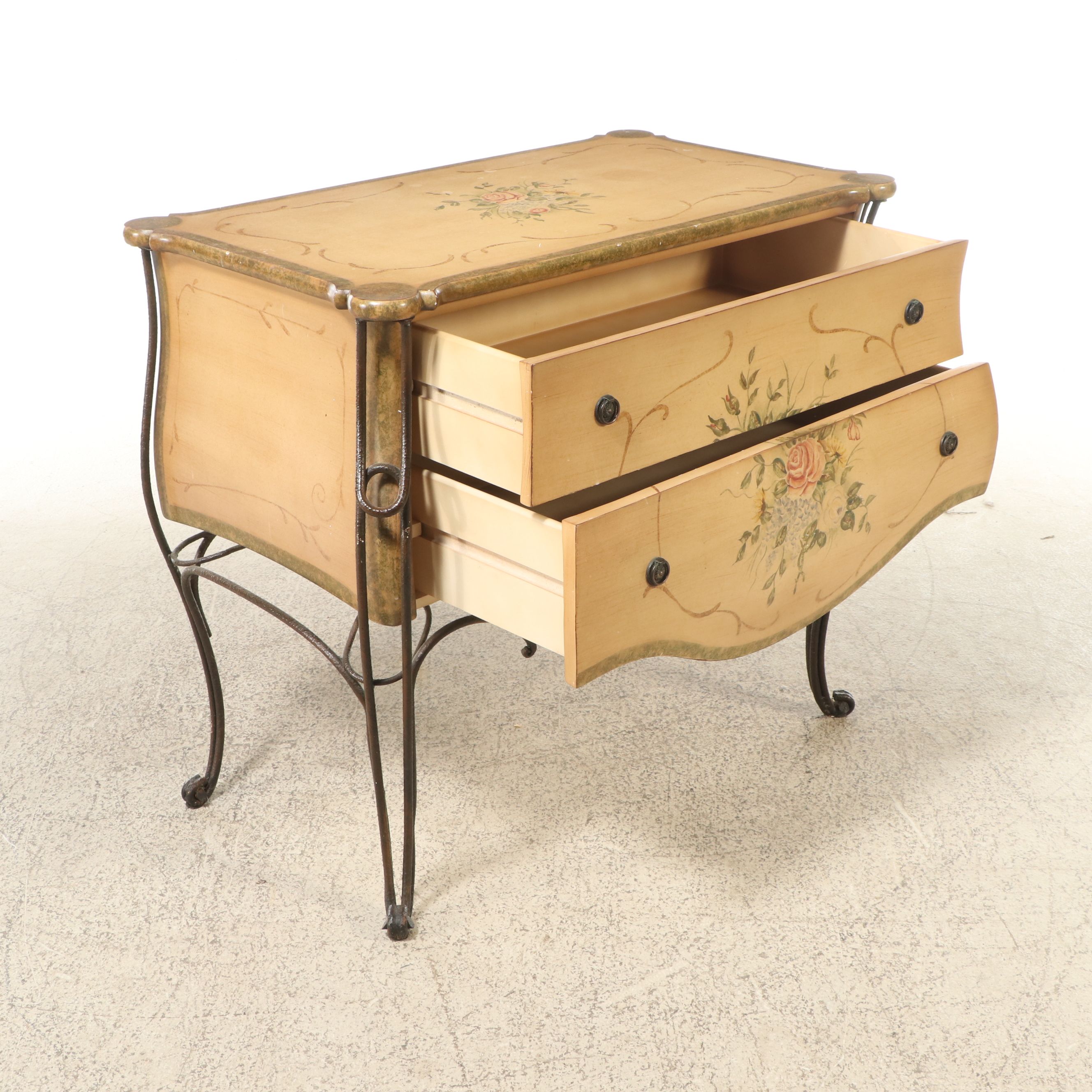 French Provincial Style Painted Wood and Scrolled Metal Chest of Drawers