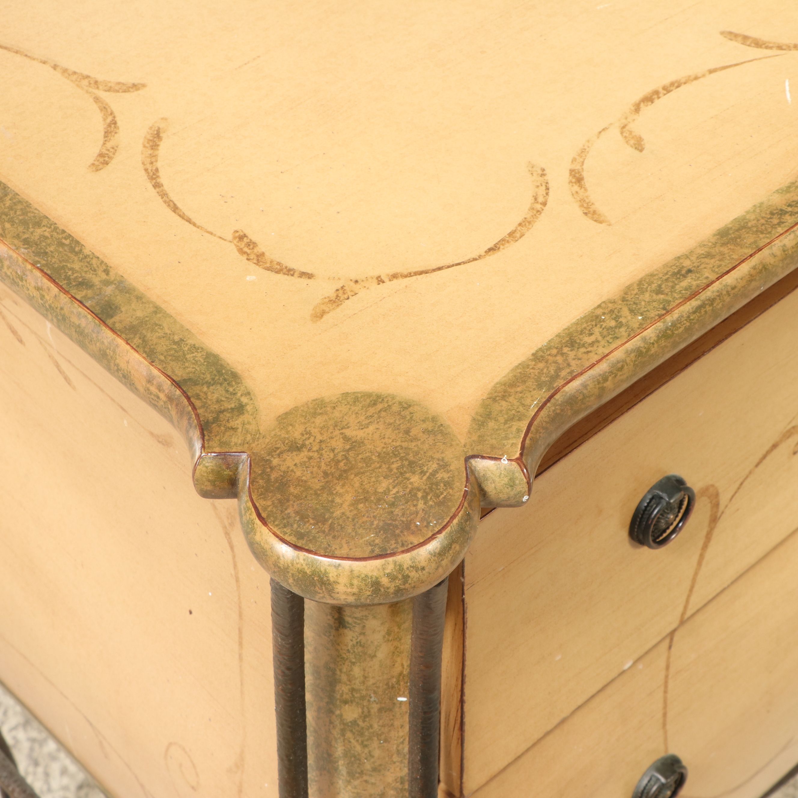 French Provincial Style Painted Wood and Scrolled Metal Chest of Drawers