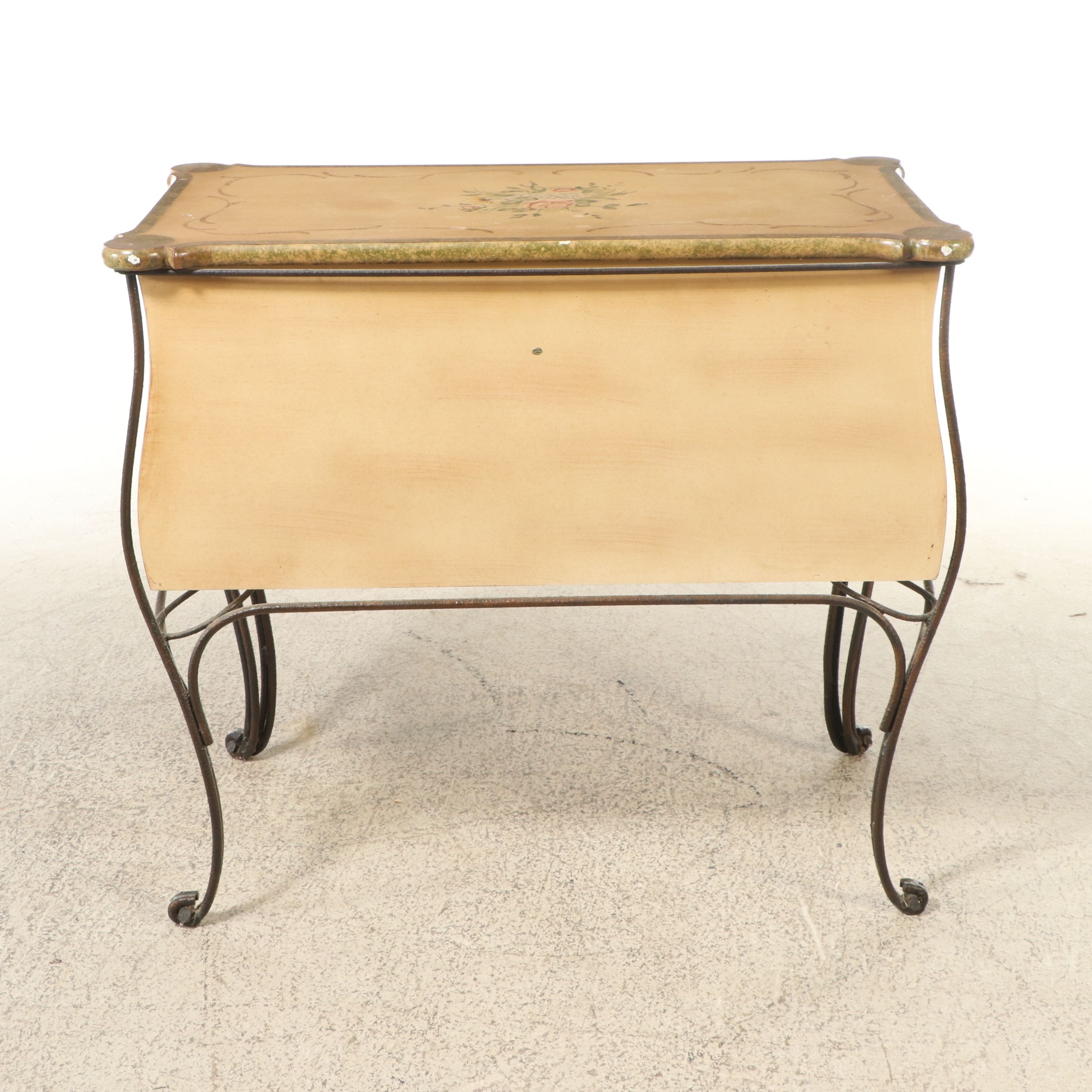 French Provincial Style Painted Wood and Scrolled Metal Chest of Drawers