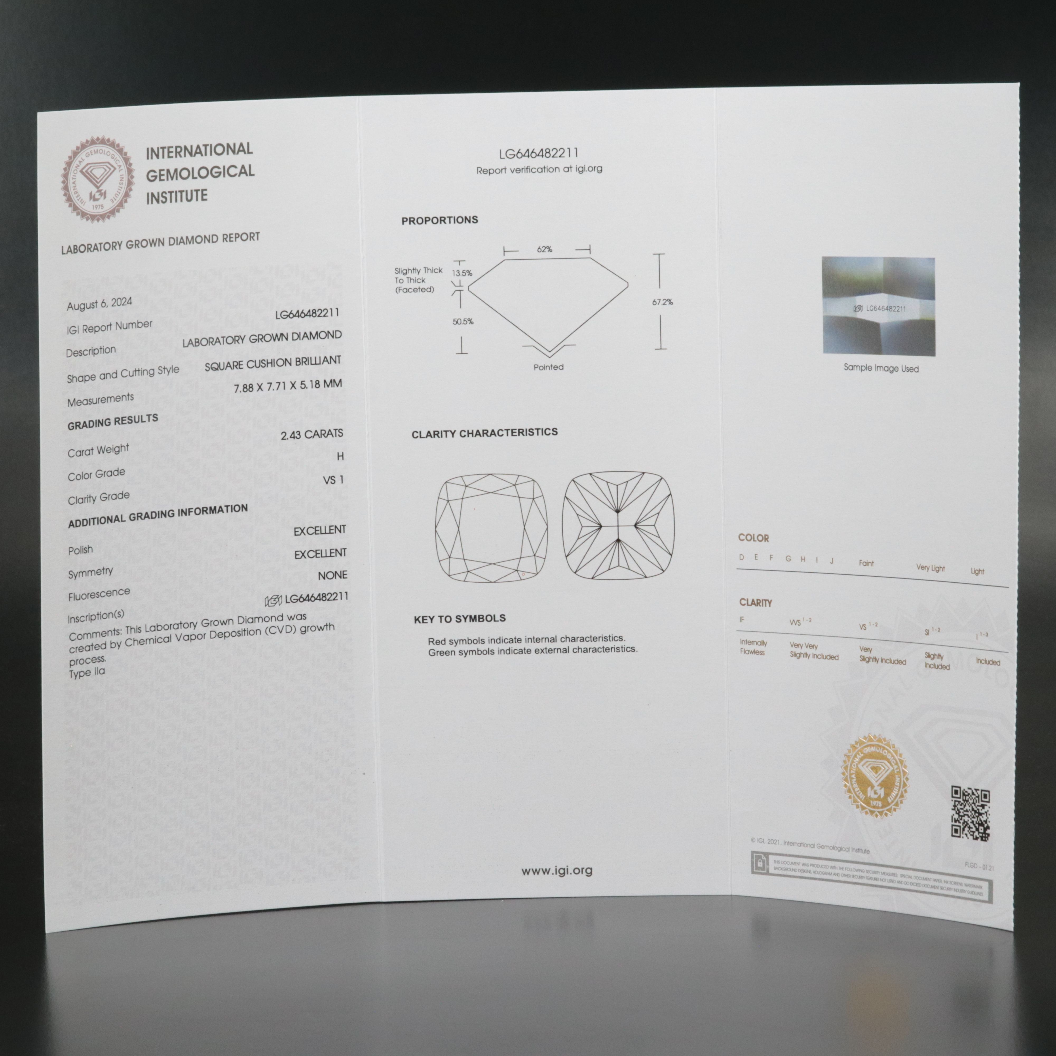Loose 2.43 CT Lab Grown Diamond with IGI Report
