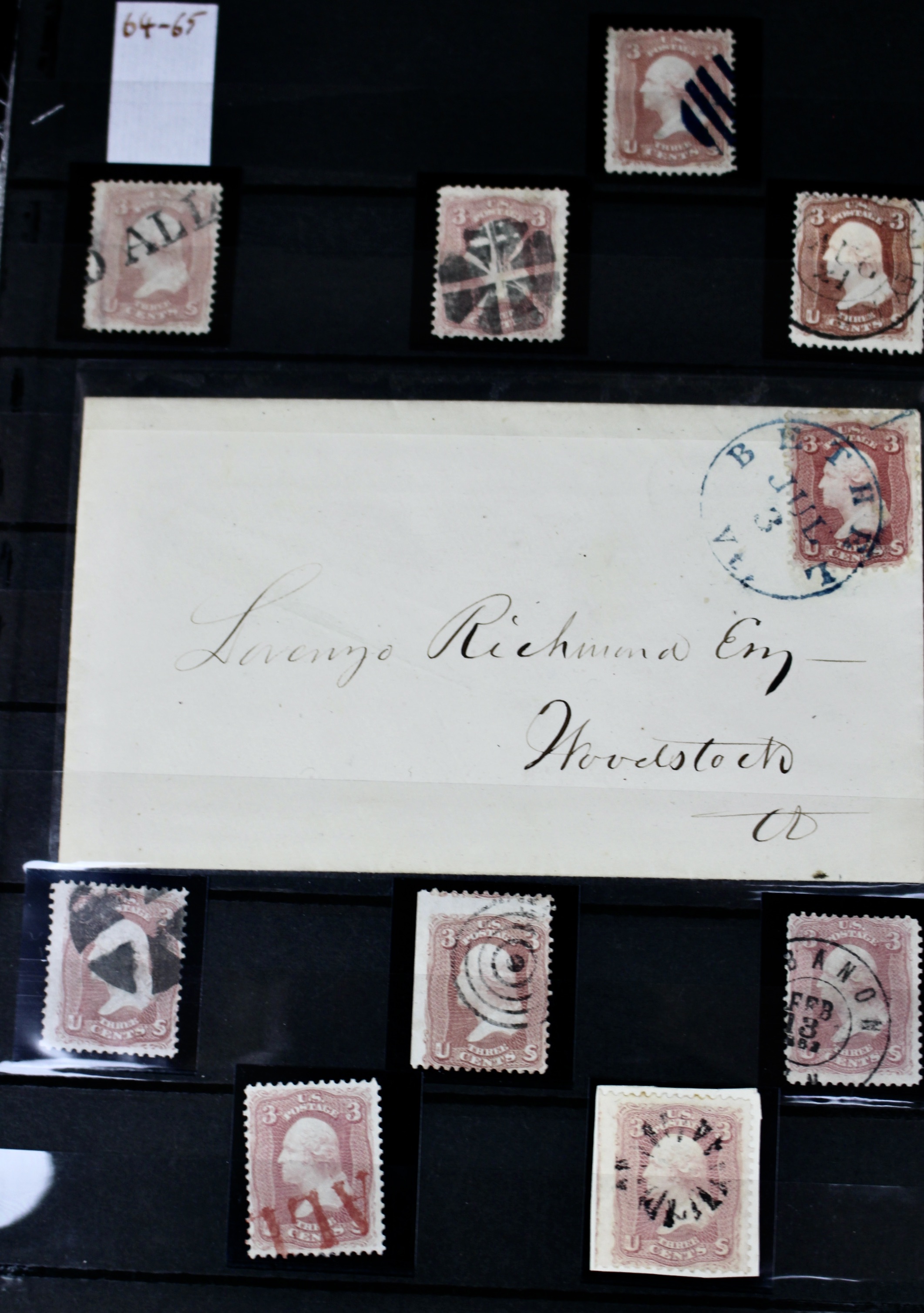 Very Early Collection of 29 3-Cent Washington Stamps, 11 with Grills, 6 Covers