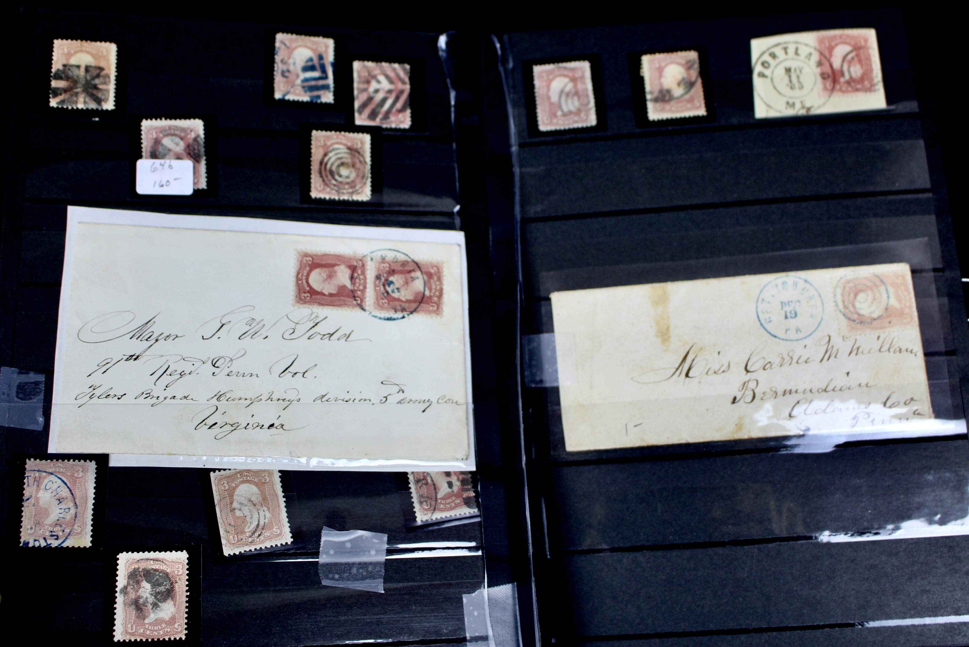 Very Early Collection of 29 3-Cent Washington Stamps, 11 with Grills, 6 Covers