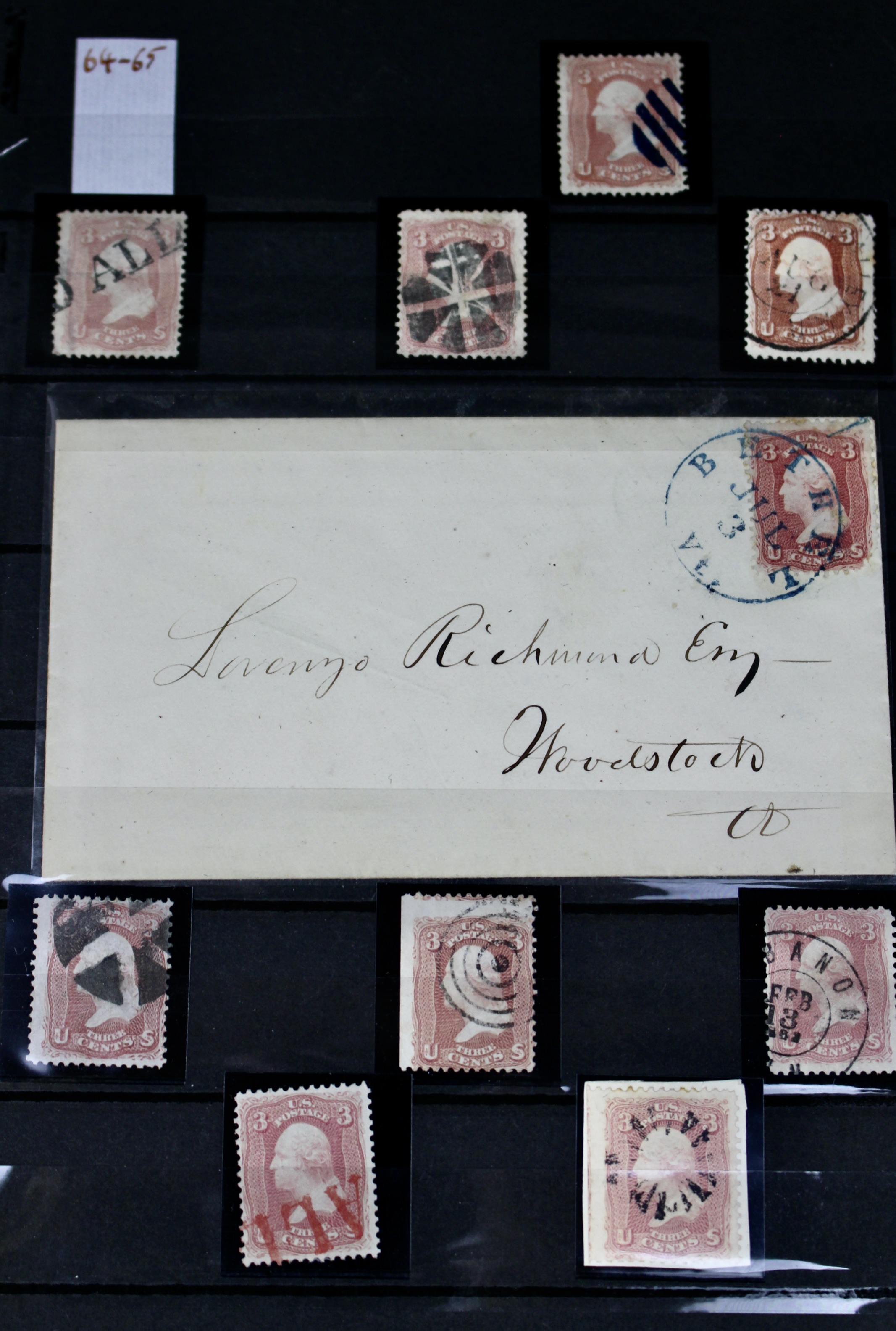 Very Early Collection of 29 3-Cent Washington Stamps, 11 with Grills, 6 Covers