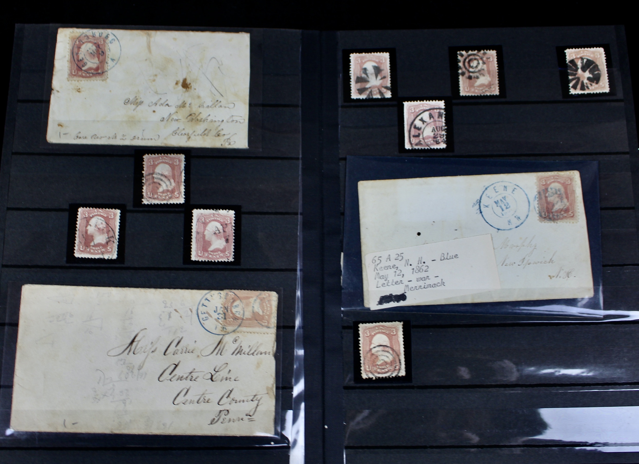 Very Early Collection of 29 3-Cent Washington Stamps, 11 with Grills, 6 Covers