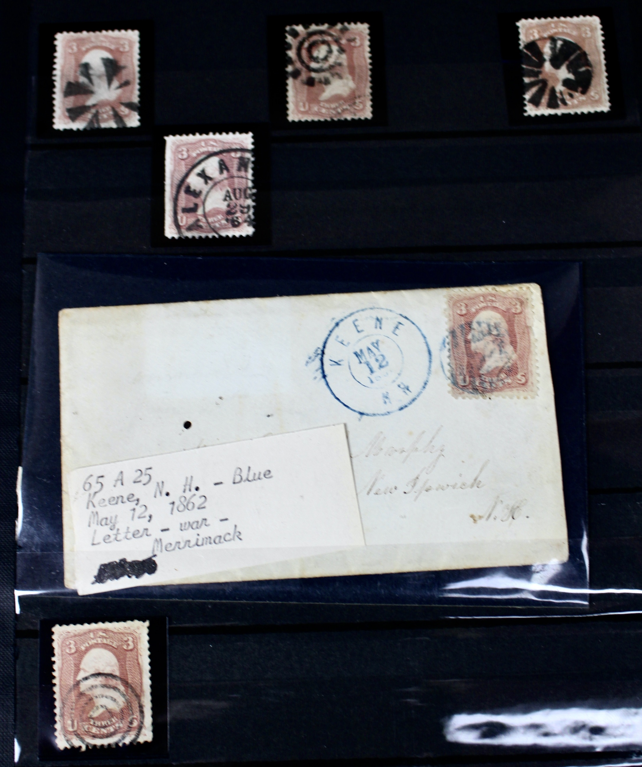 Very Early Collection of 29 3-Cent Washington Stamps, 11 with Grills, 6 Covers