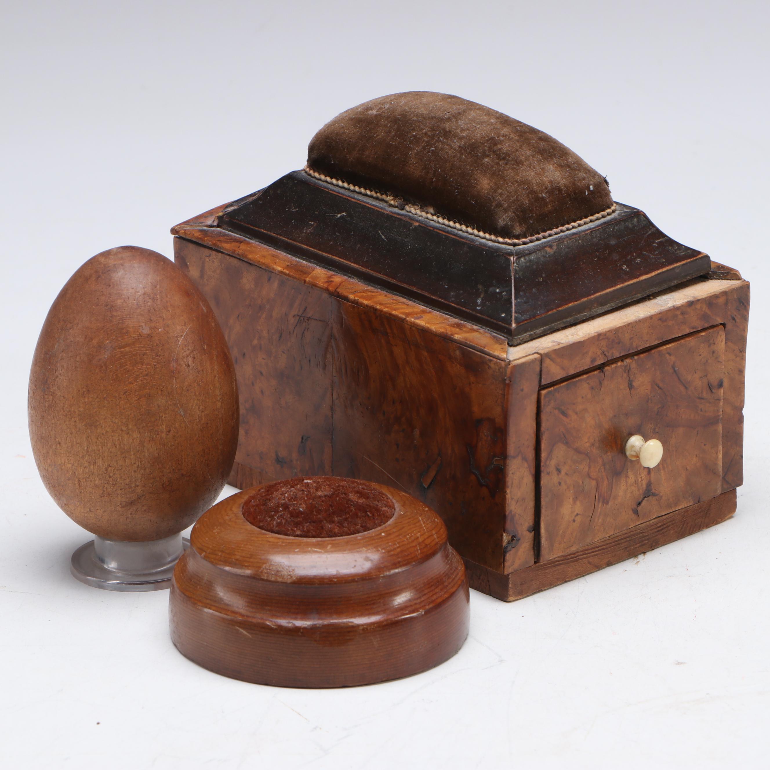 Victorian Burl Wood Veneer Sewing Box with Pincushion and Egg