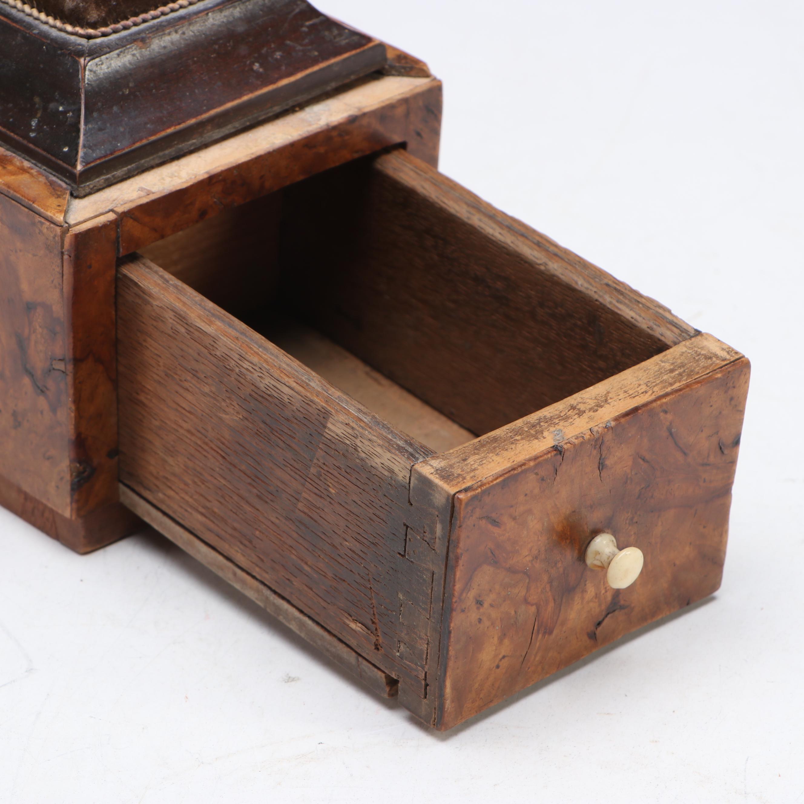 Victorian Burl Wood Veneer Sewing Box with Pincushion and Egg