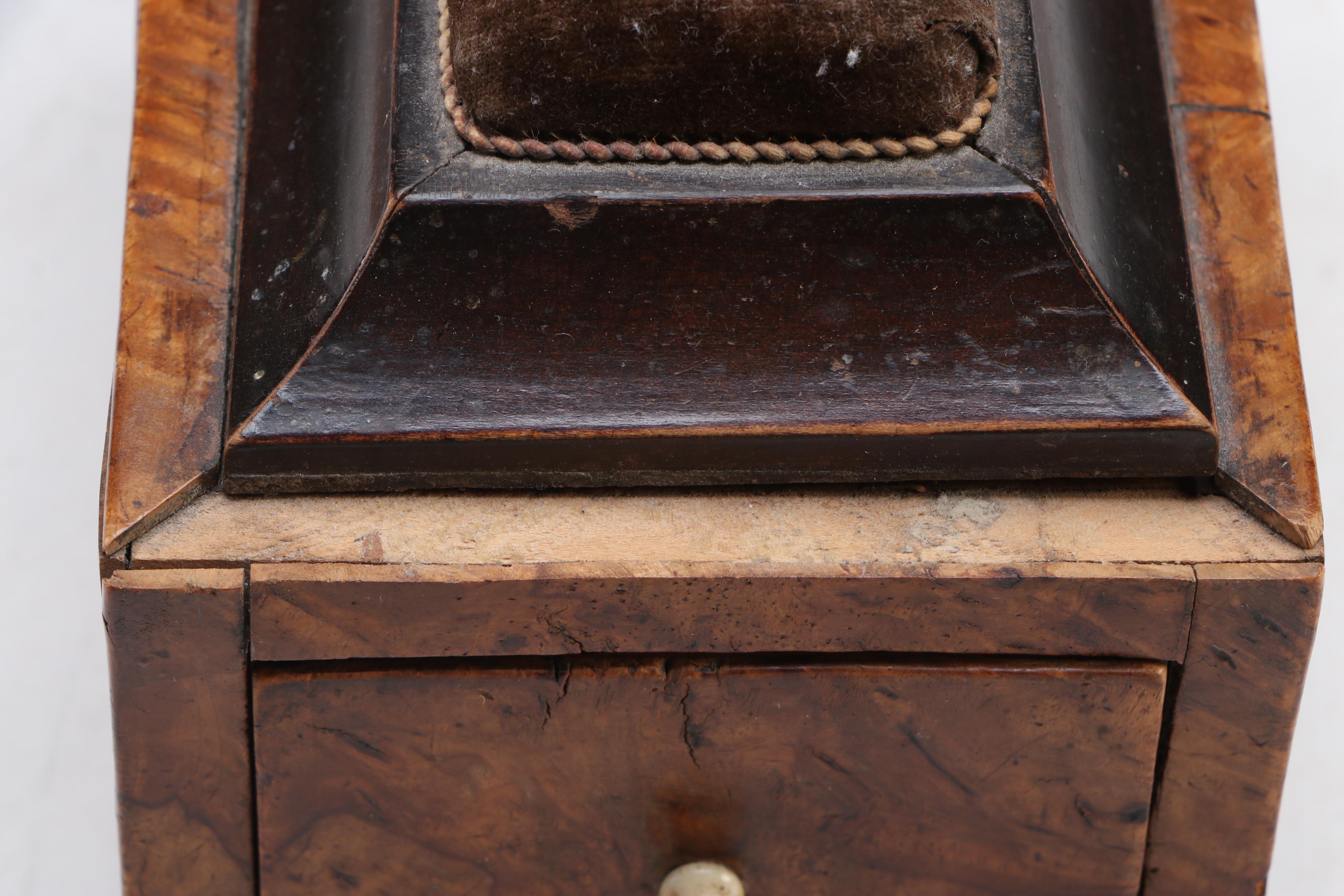Victorian Burl Wood Veneer Sewing Box with Pincushion and Egg