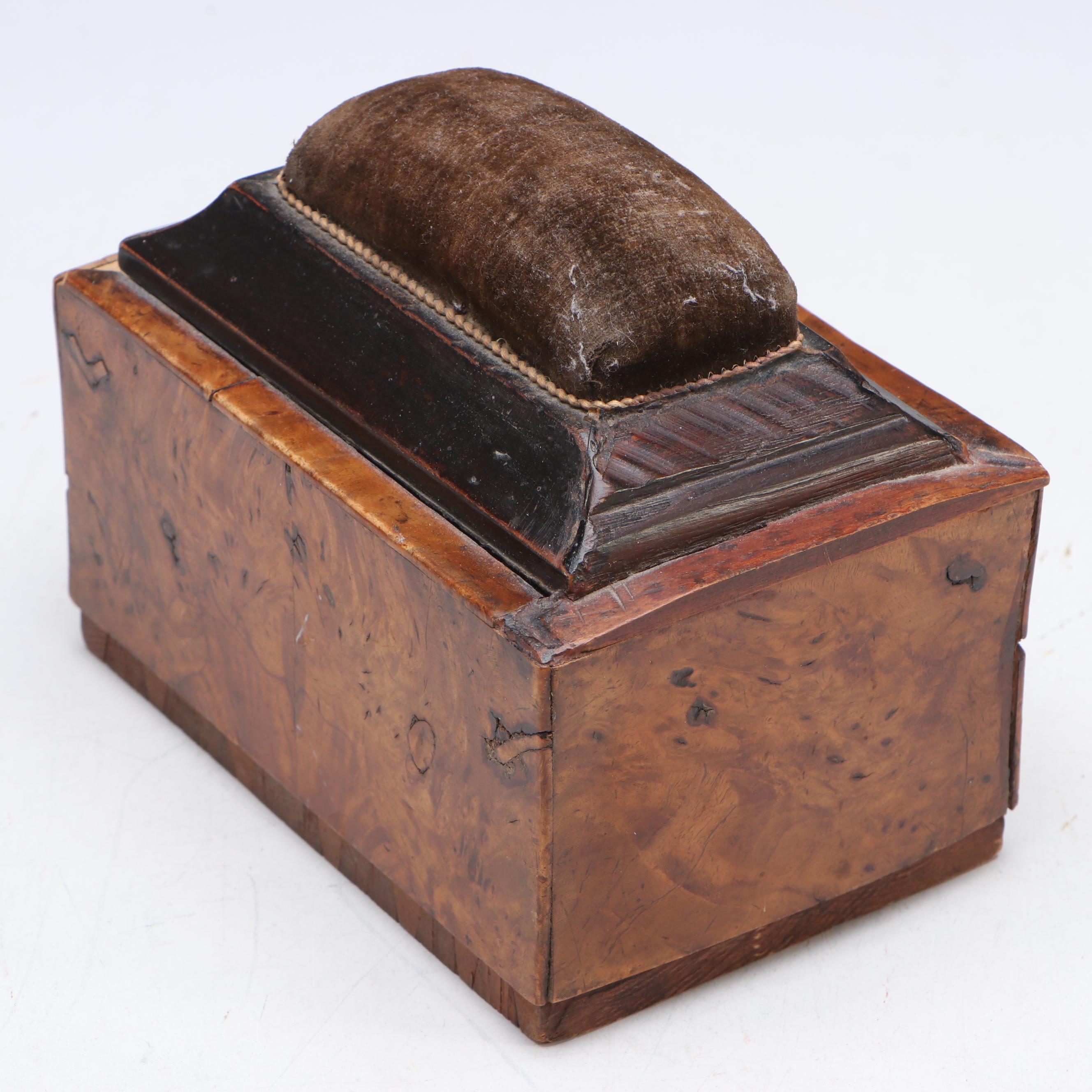 Victorian Burl Wood Veneer Sewing Box with Pincushion and Egg