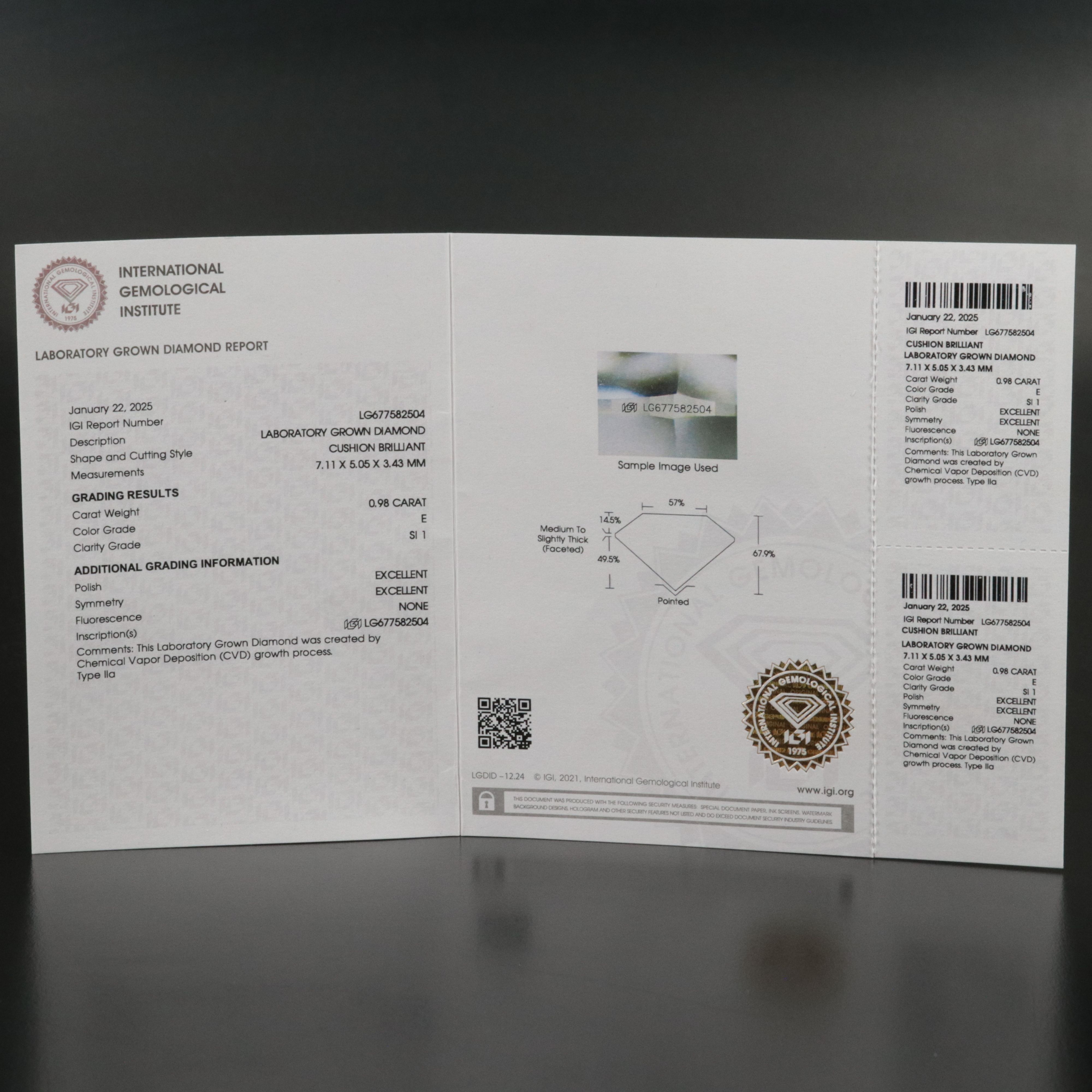 Loose 0.98 CT Lab Grown Diamond with IGI Report