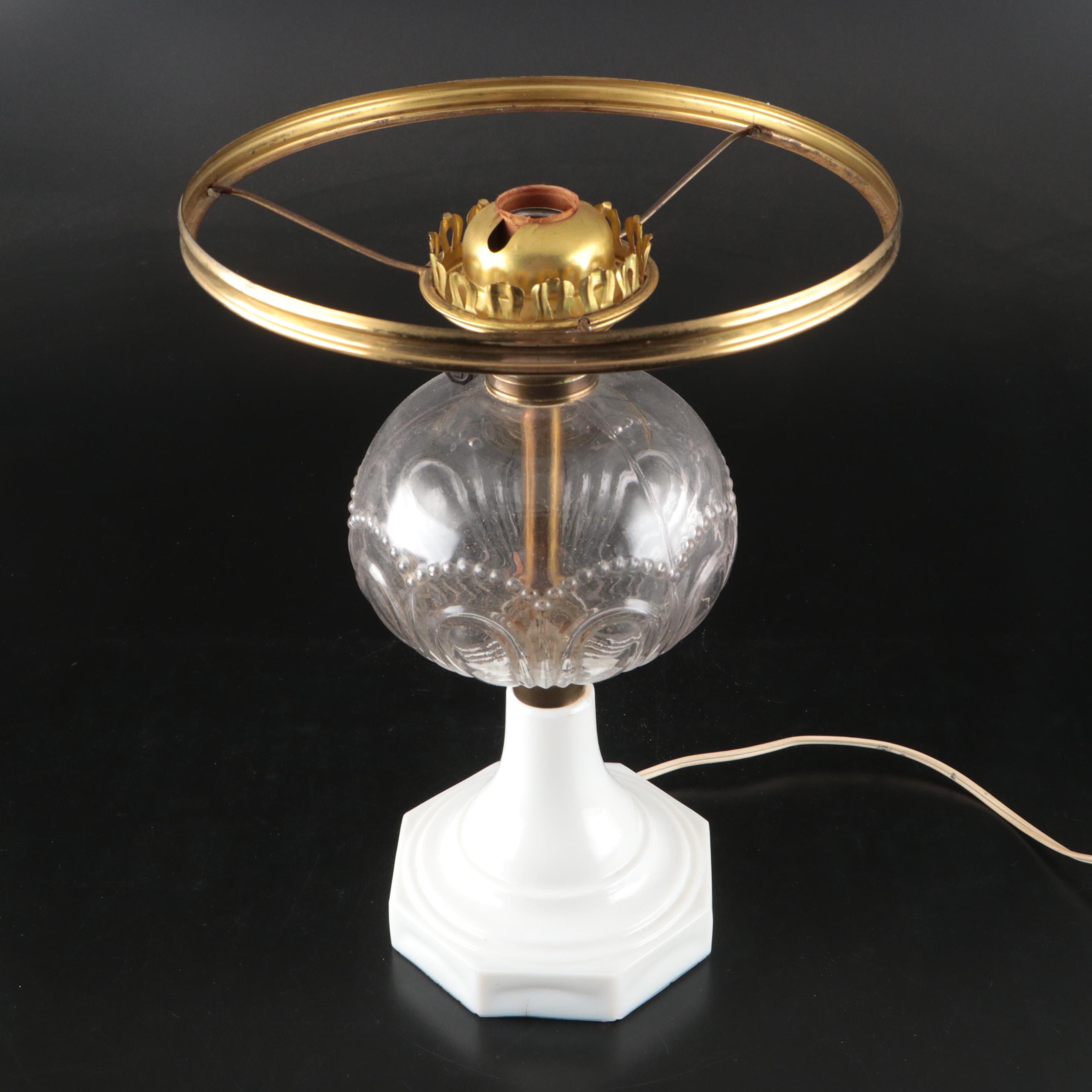 EAPG Bullseye Kerosene Lamp with Peach Melon Shade, Adapted 20th Century