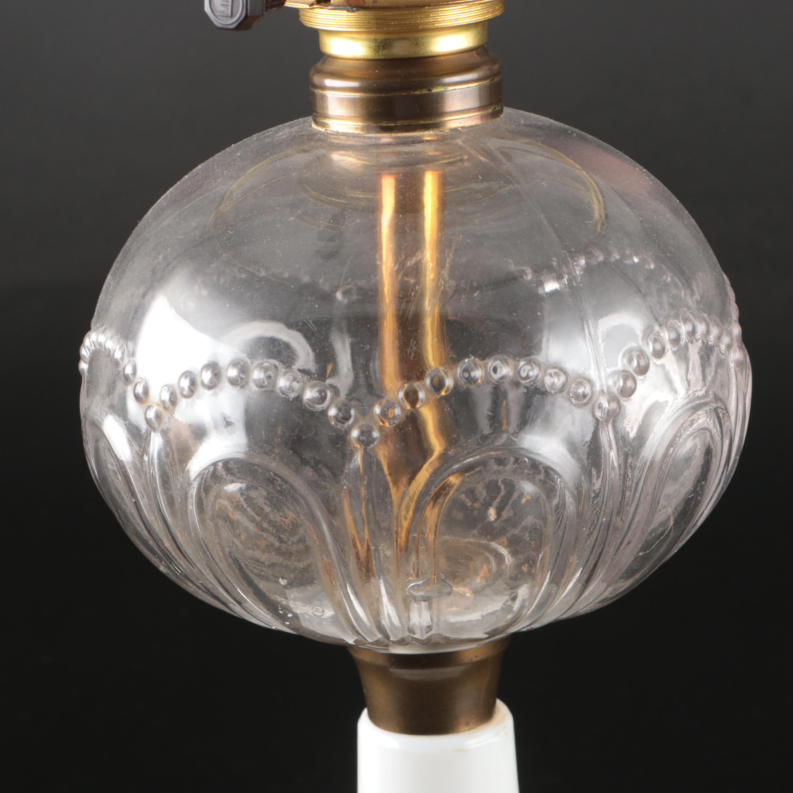 EAPG Bullseye Kerosene Lamp with Peach Melon Shade, Adapted 20th Century