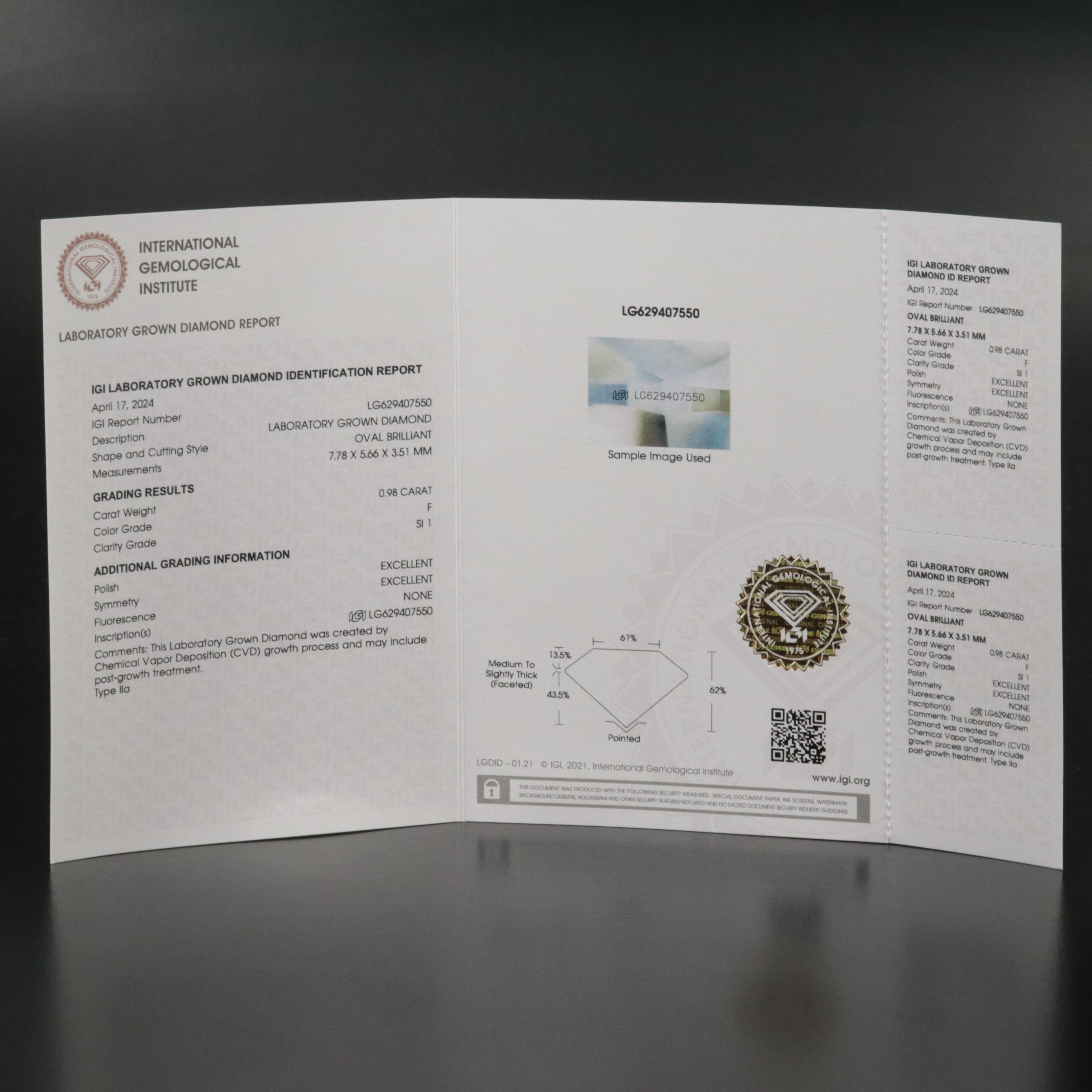 Loose 0.98 CT Lab Grown Diamond with IGI Report