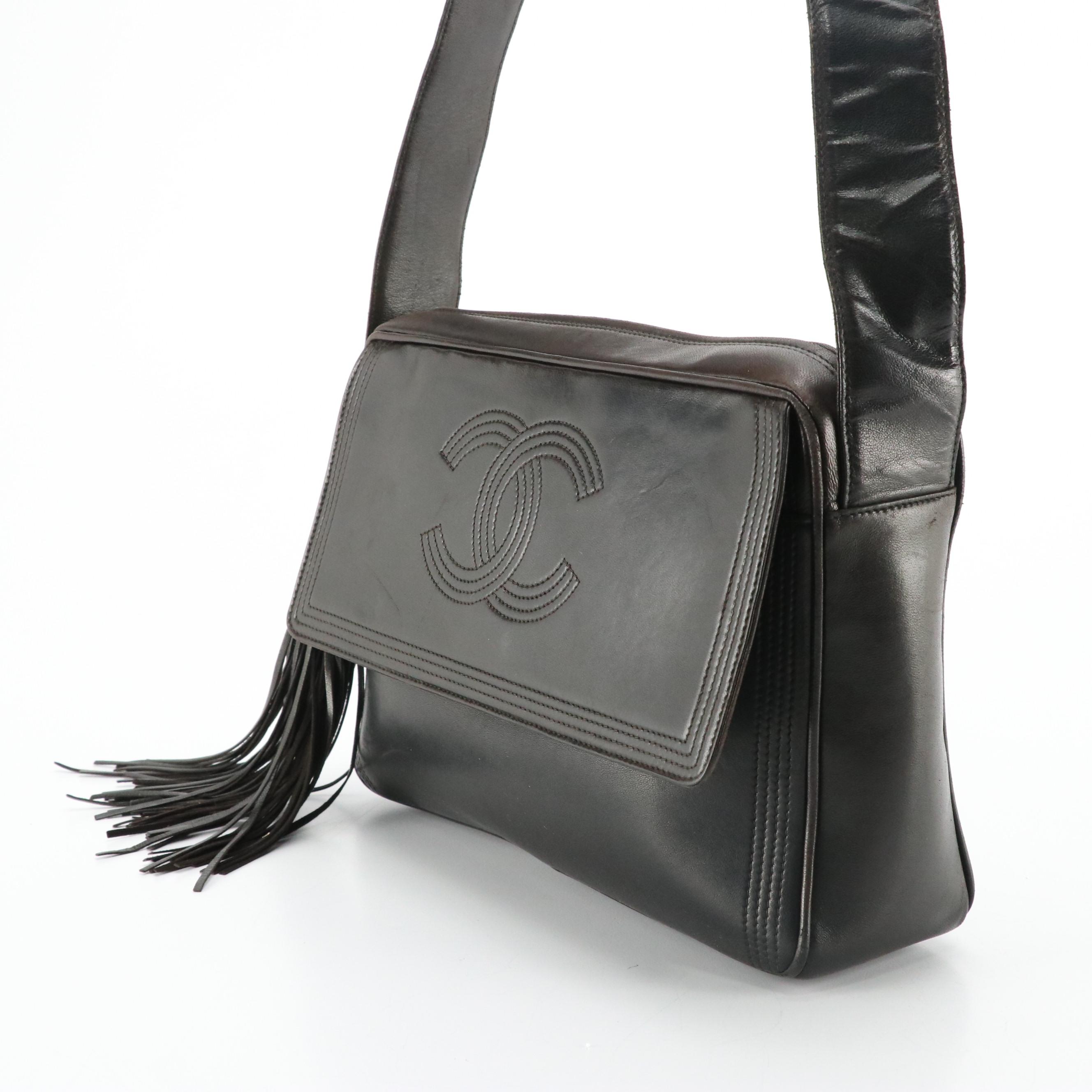 Chanel CC Stitched Flap Tassel Zip Shoulder Bag in Black Lambskin Leather