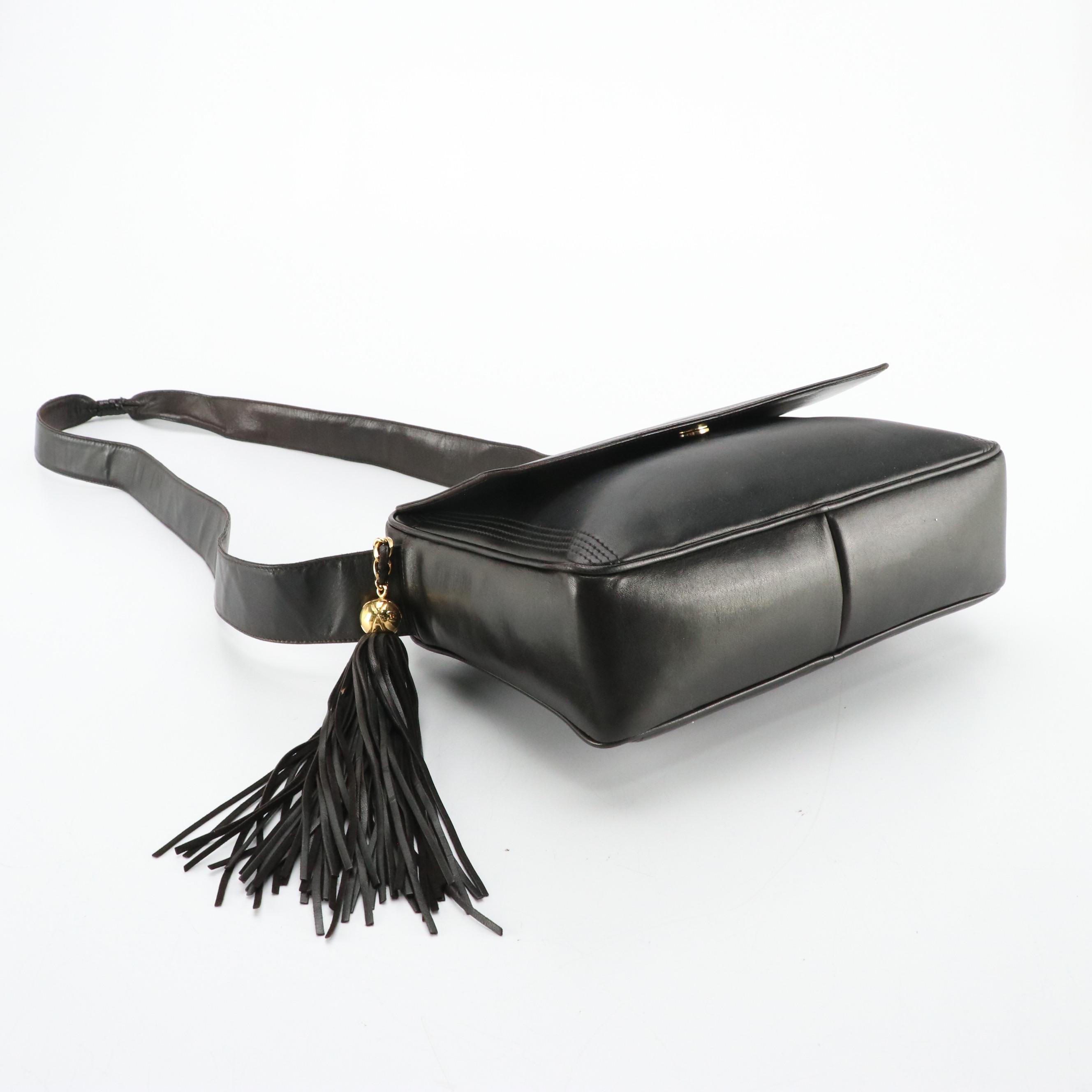 Chanel CC Stitched Flap Tassel Zip Shoulder Bag in Black Lambskin Leather