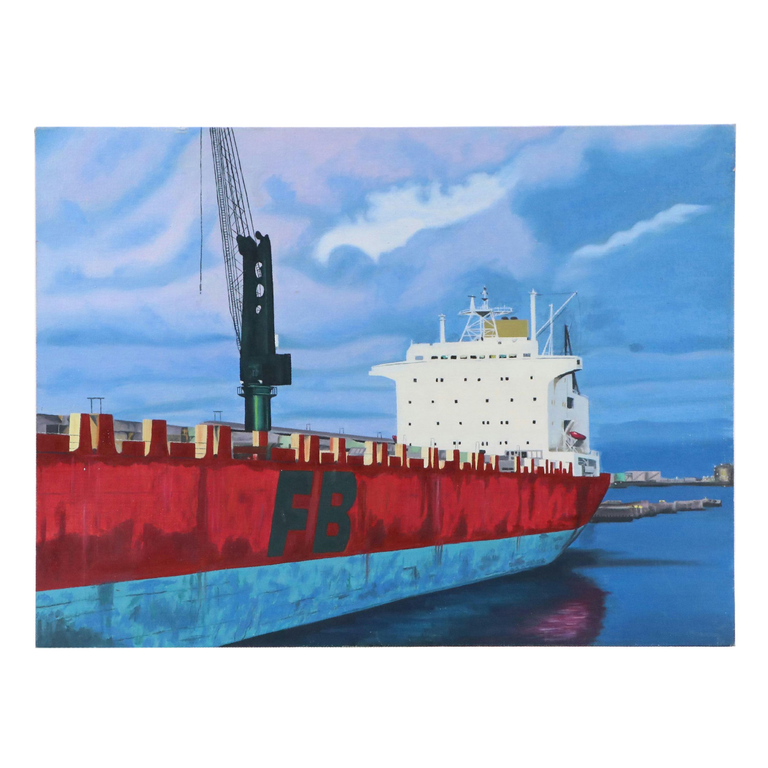 Nautical Scene Acrylic Painting of Docked Cargo Ship