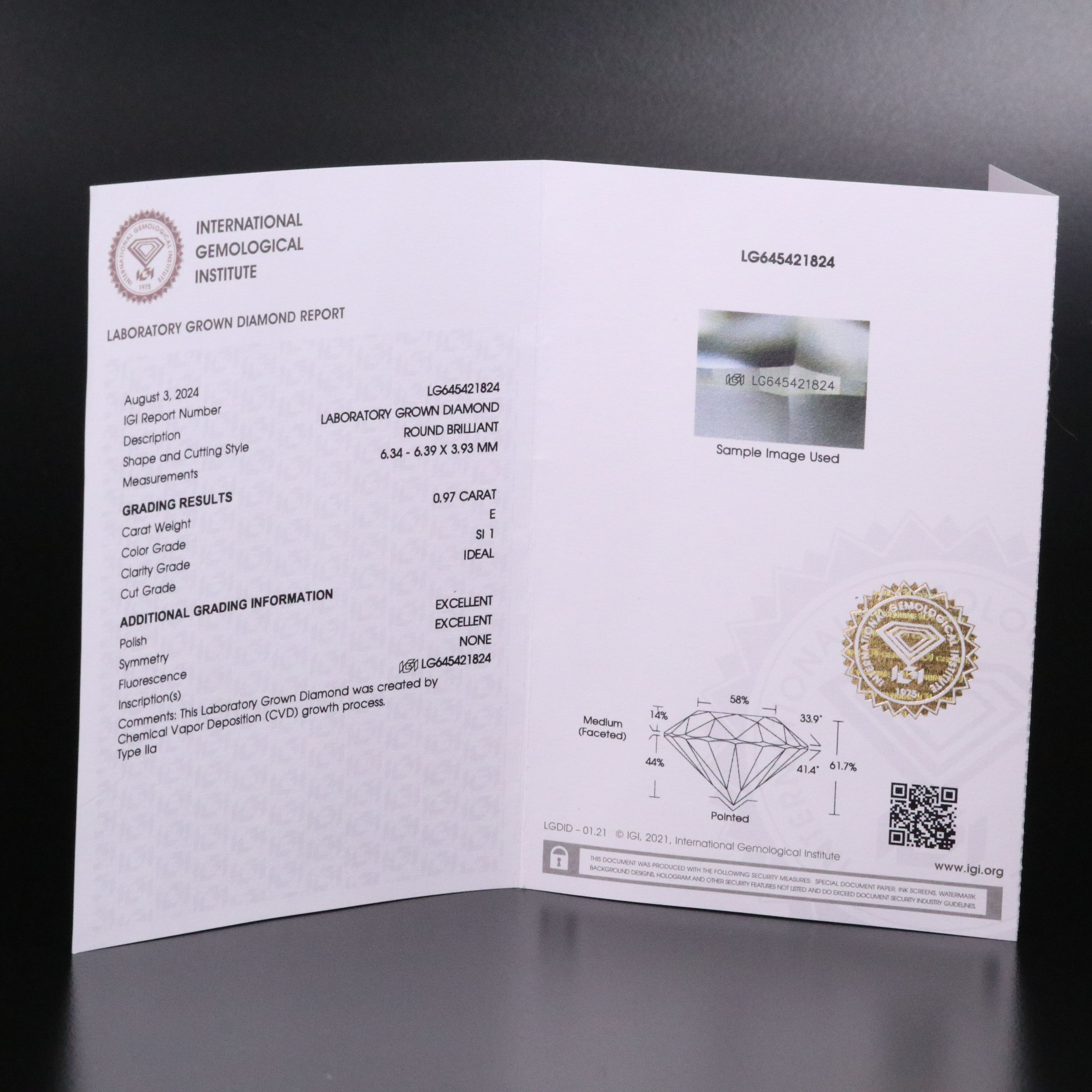 Loose 0.97 CT Lab Grown Diamond with IGI Report