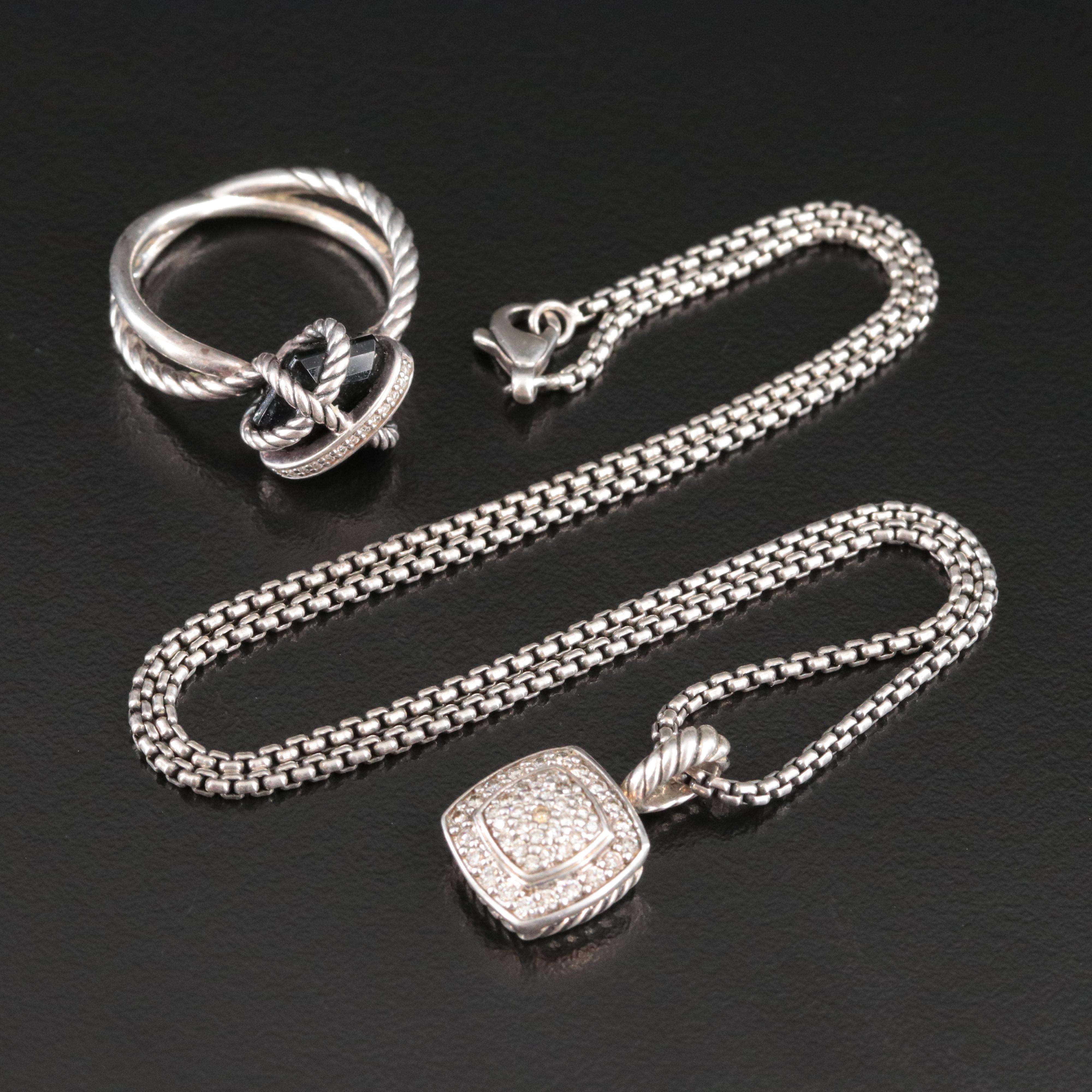 David Yurman Sterling Diamond Pendant Necklace and Black Onyx Cable Wrap Ring